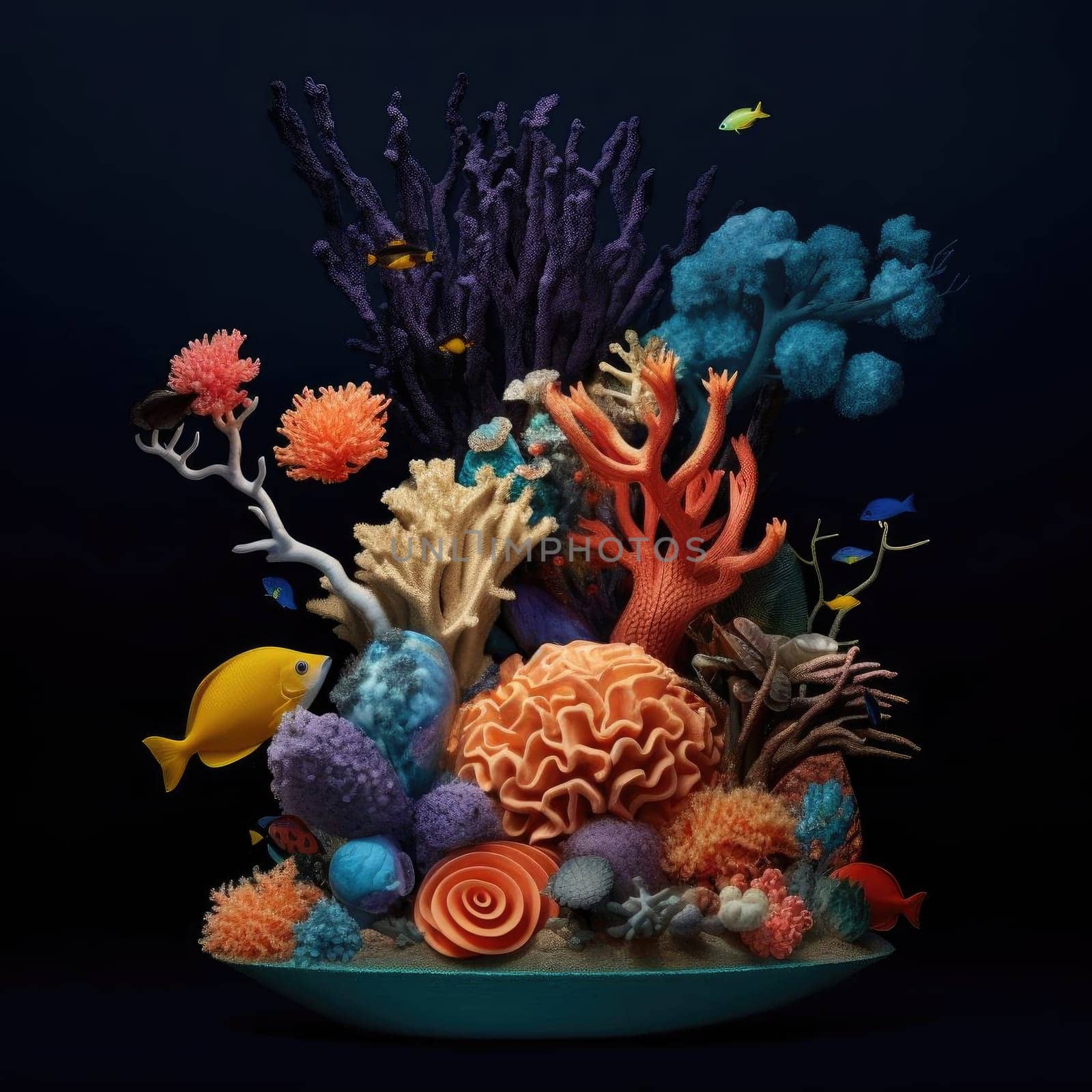 Colorful coral reef with fish on black background