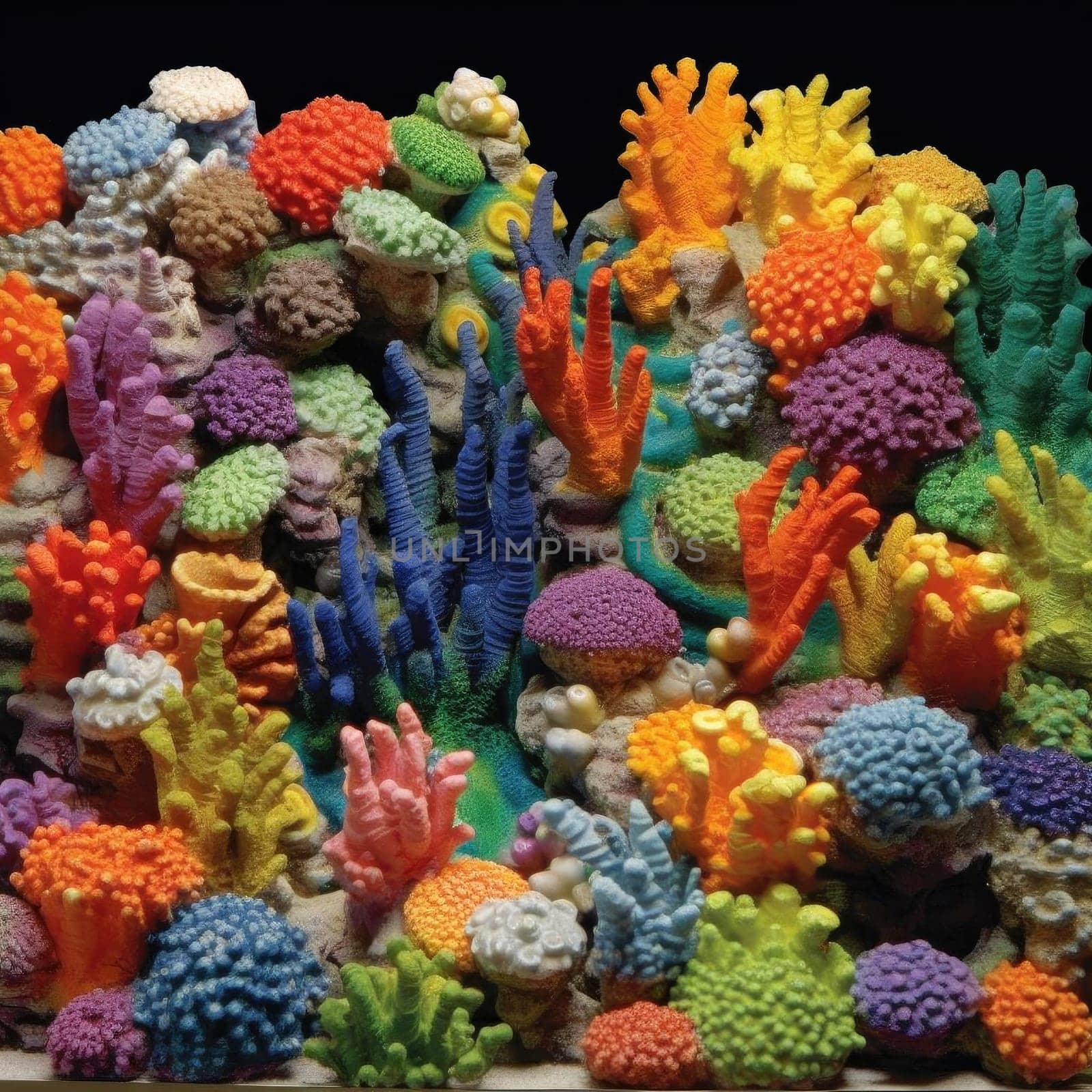 Many colorful corals on a black background, closeup of photo