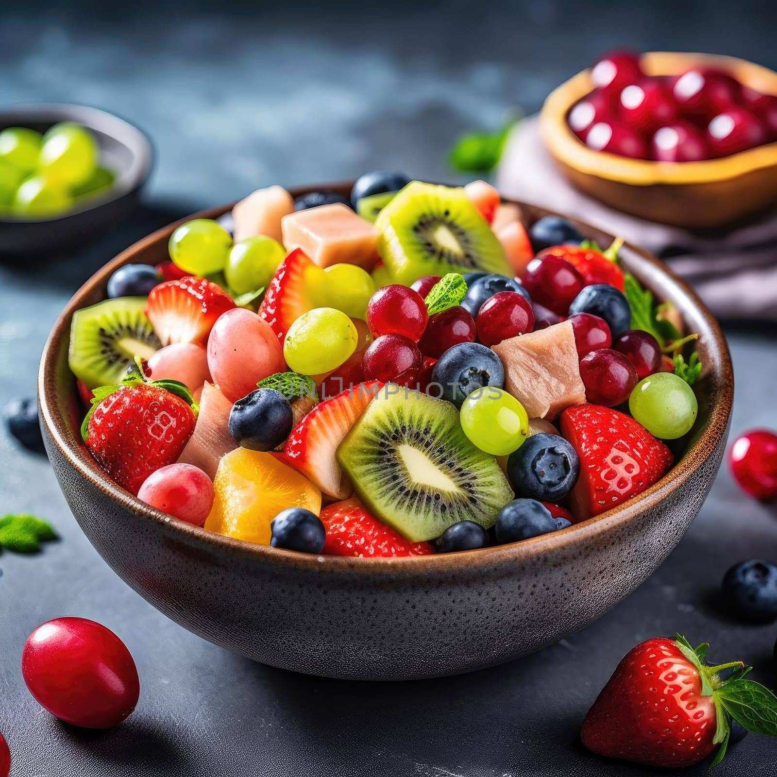 Fresh fruit salad with strawberry, blueberry, kiwi, and cherry in a bowl