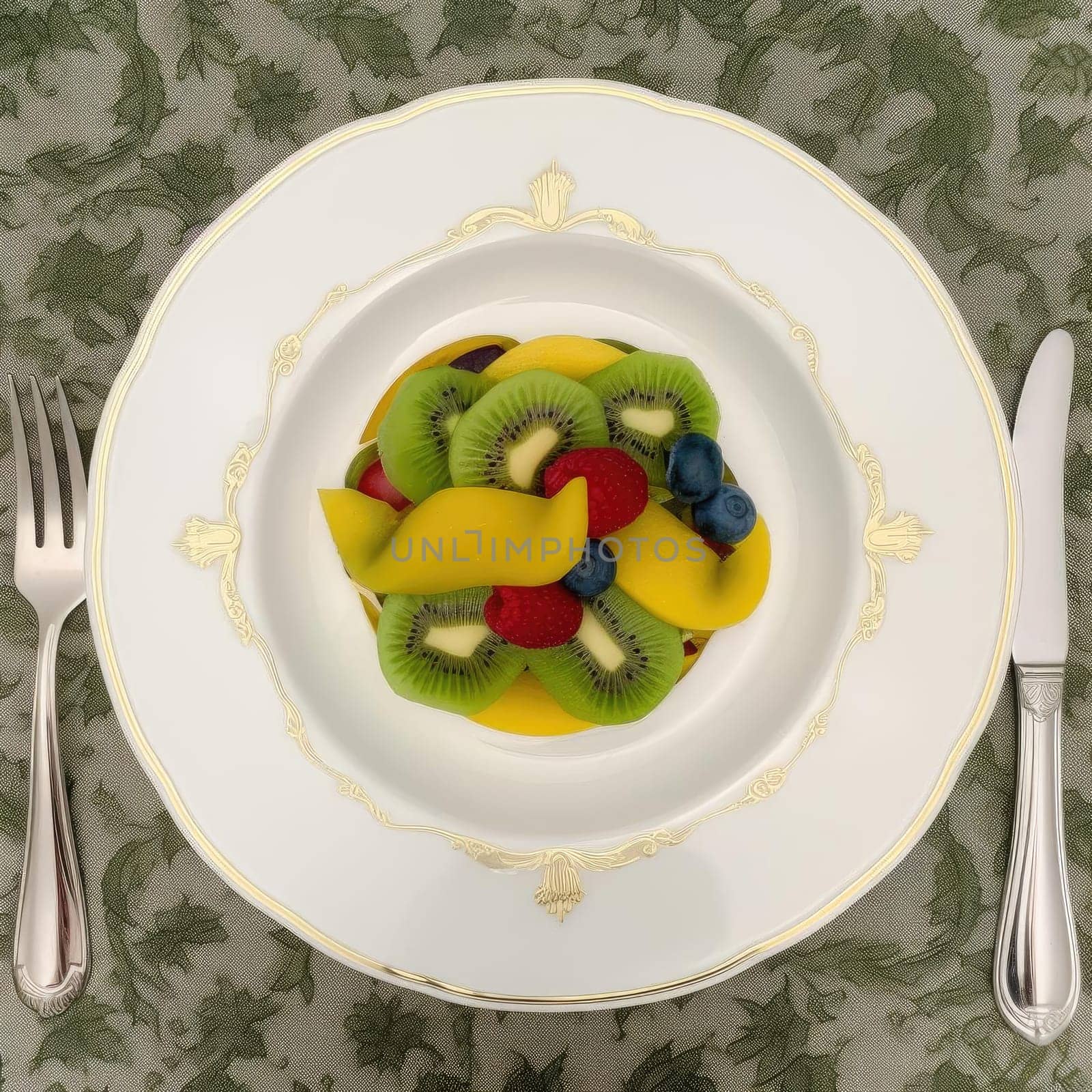 Fruit salad with kiwi, mango, blueberries, and raspberries