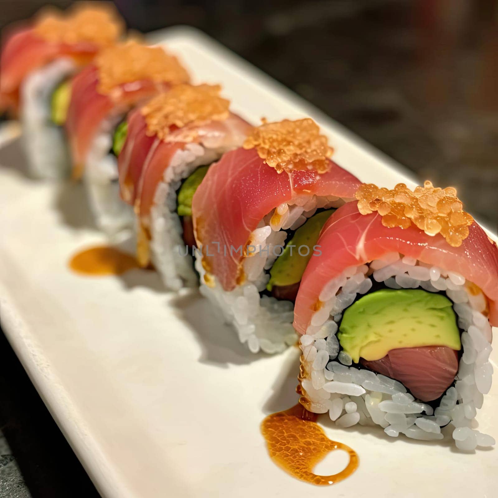 Sushi roll with salmon, avocado, and red caviar
