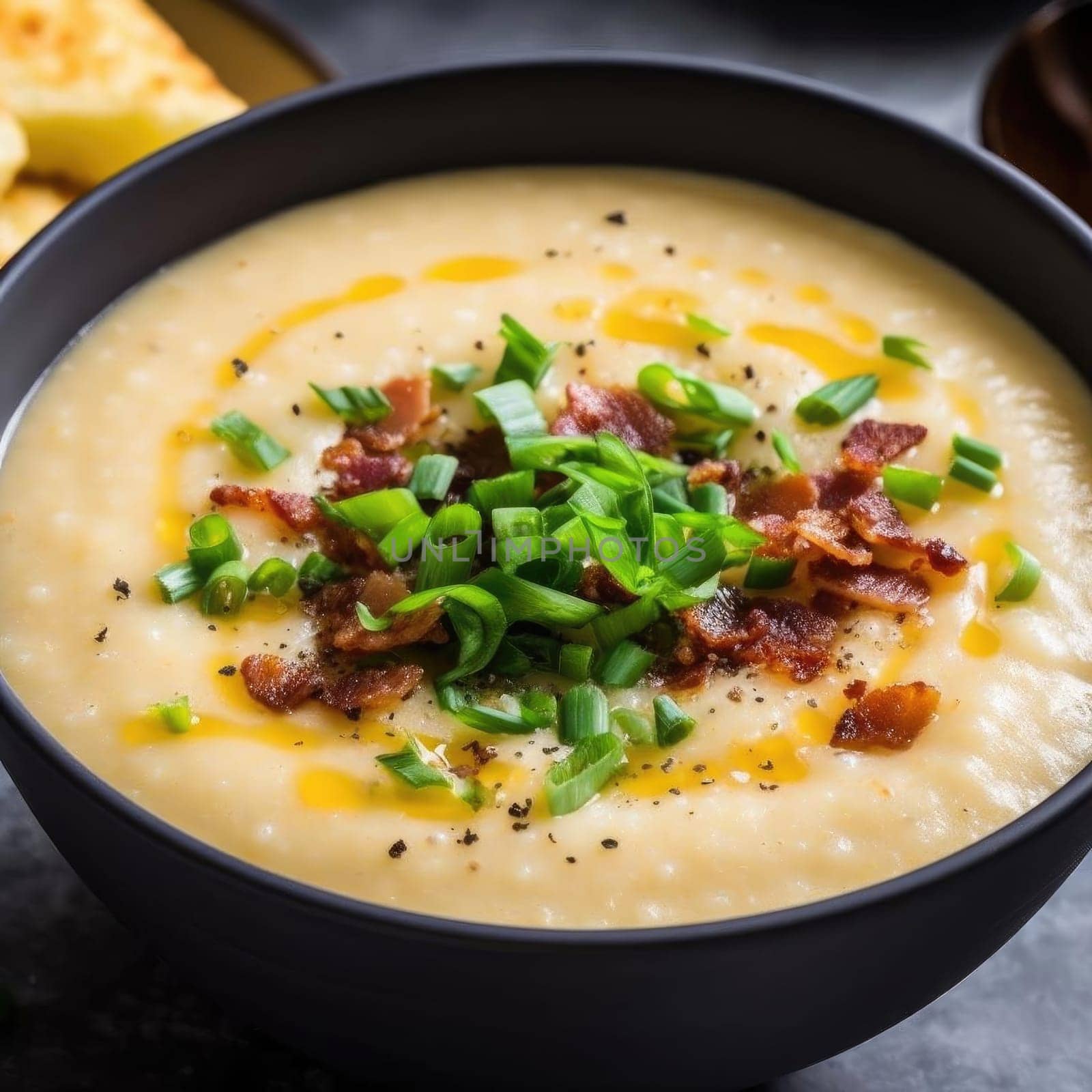Creamy potato soup with bacon and green onions in black bowl