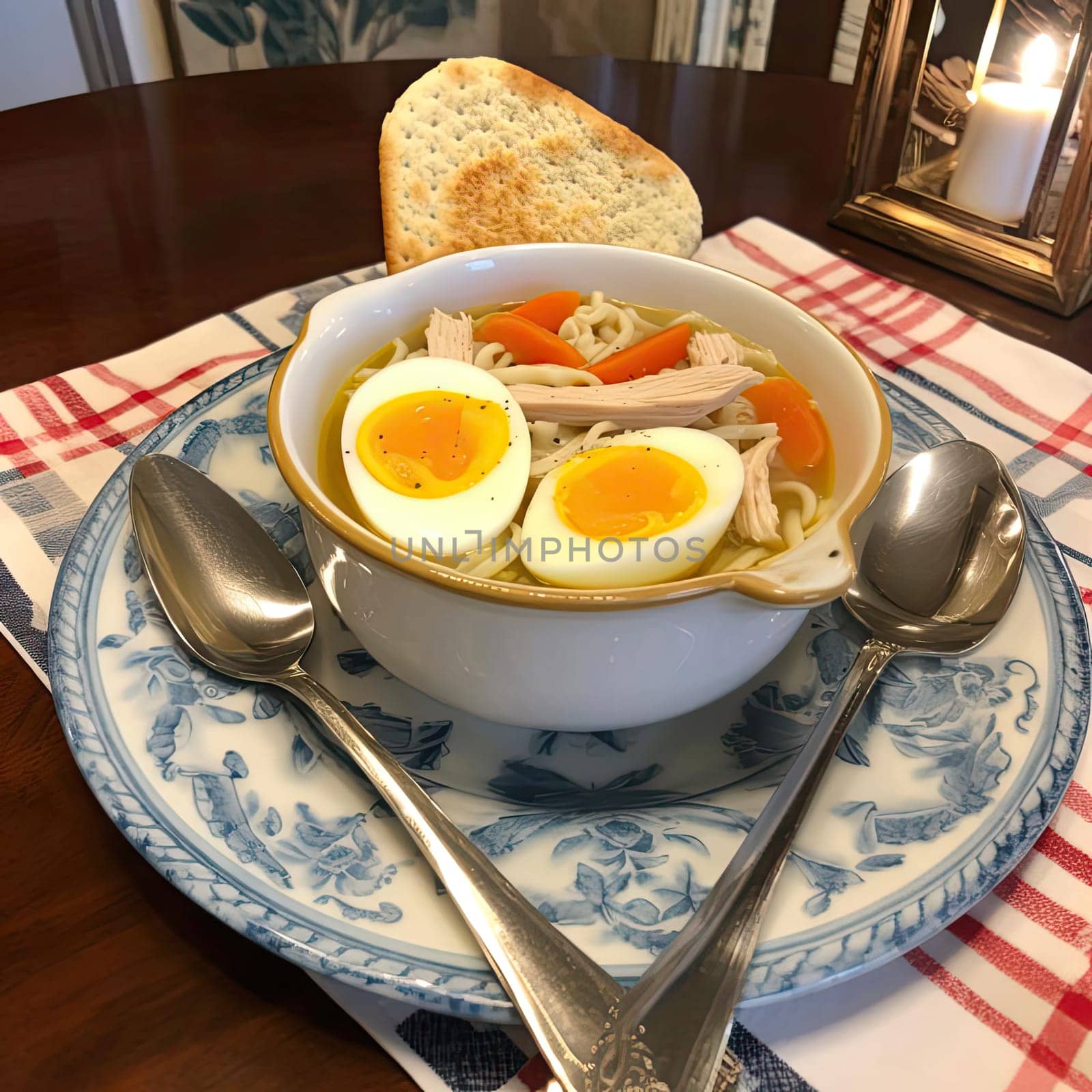 Bowl of chicken soup with egg and vegetables on a table