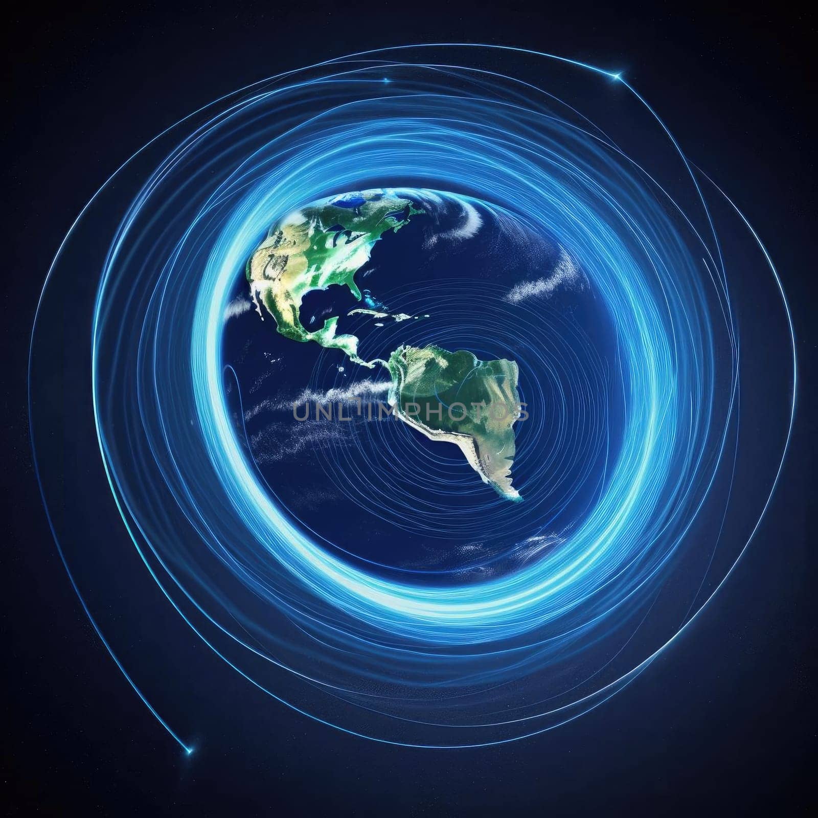 Earth planet with glowing lines on dark background
