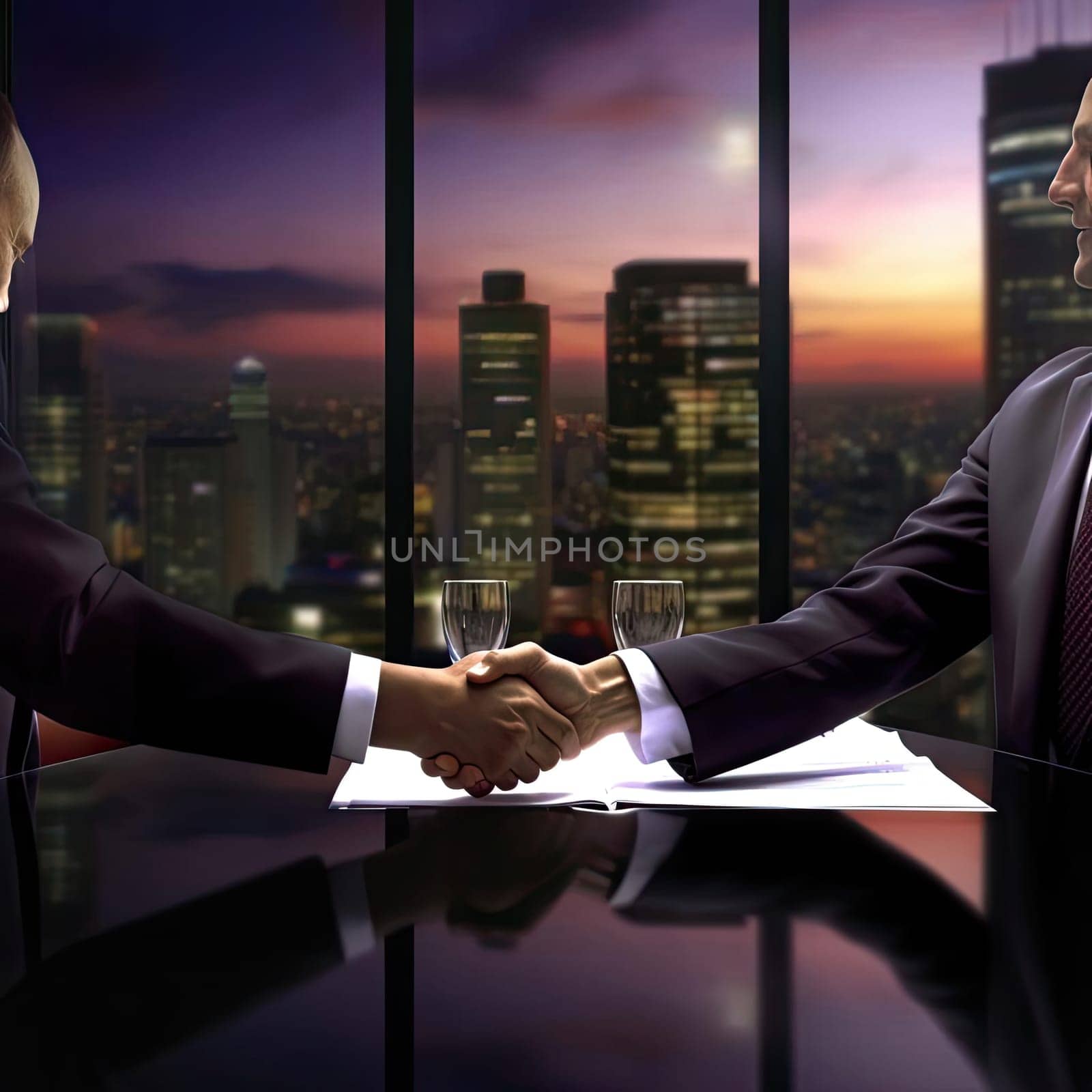 Businessmen shaking hands in the office with city view