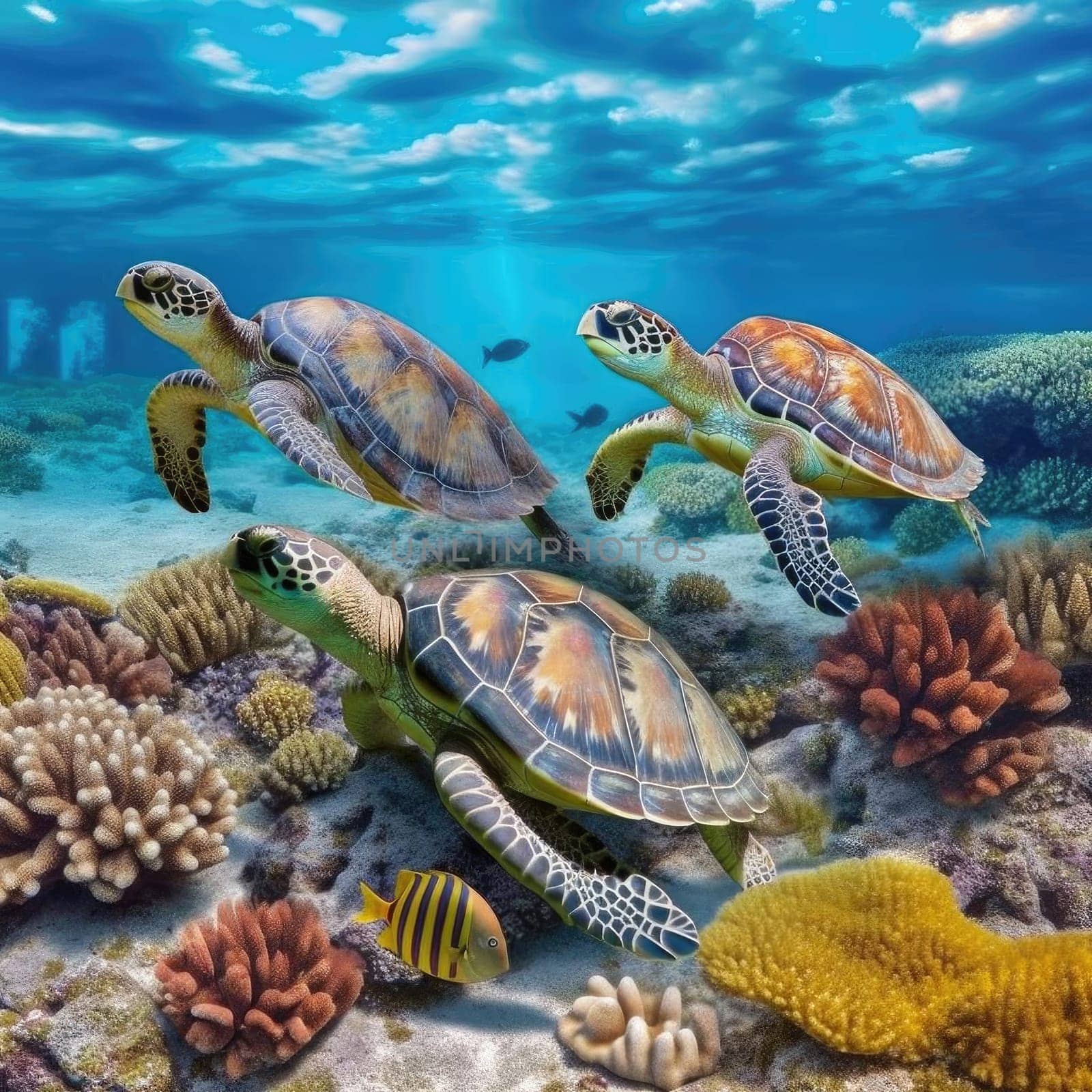 Green sea turtles on the coral reef