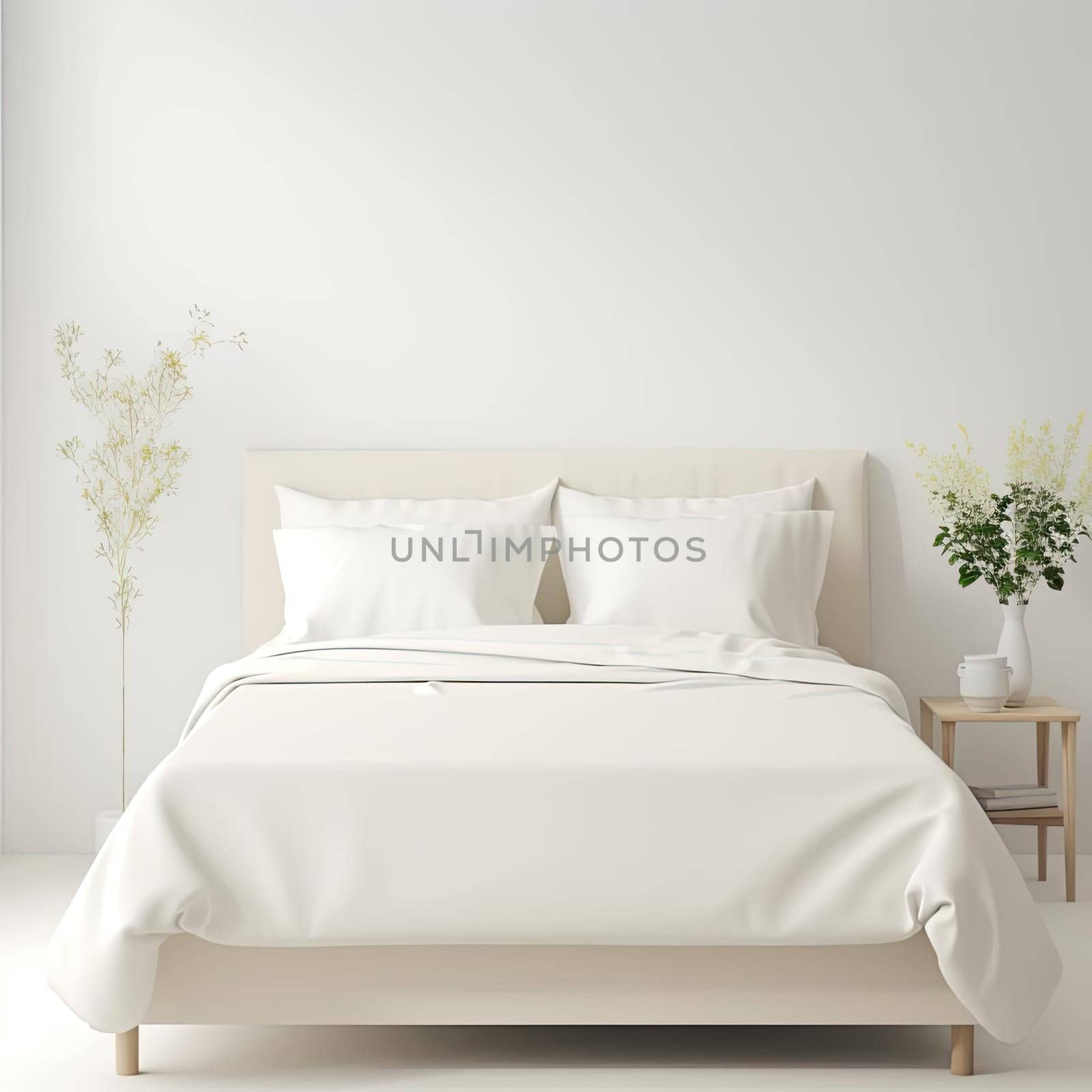 Modern bedroom with white pillows on the bed