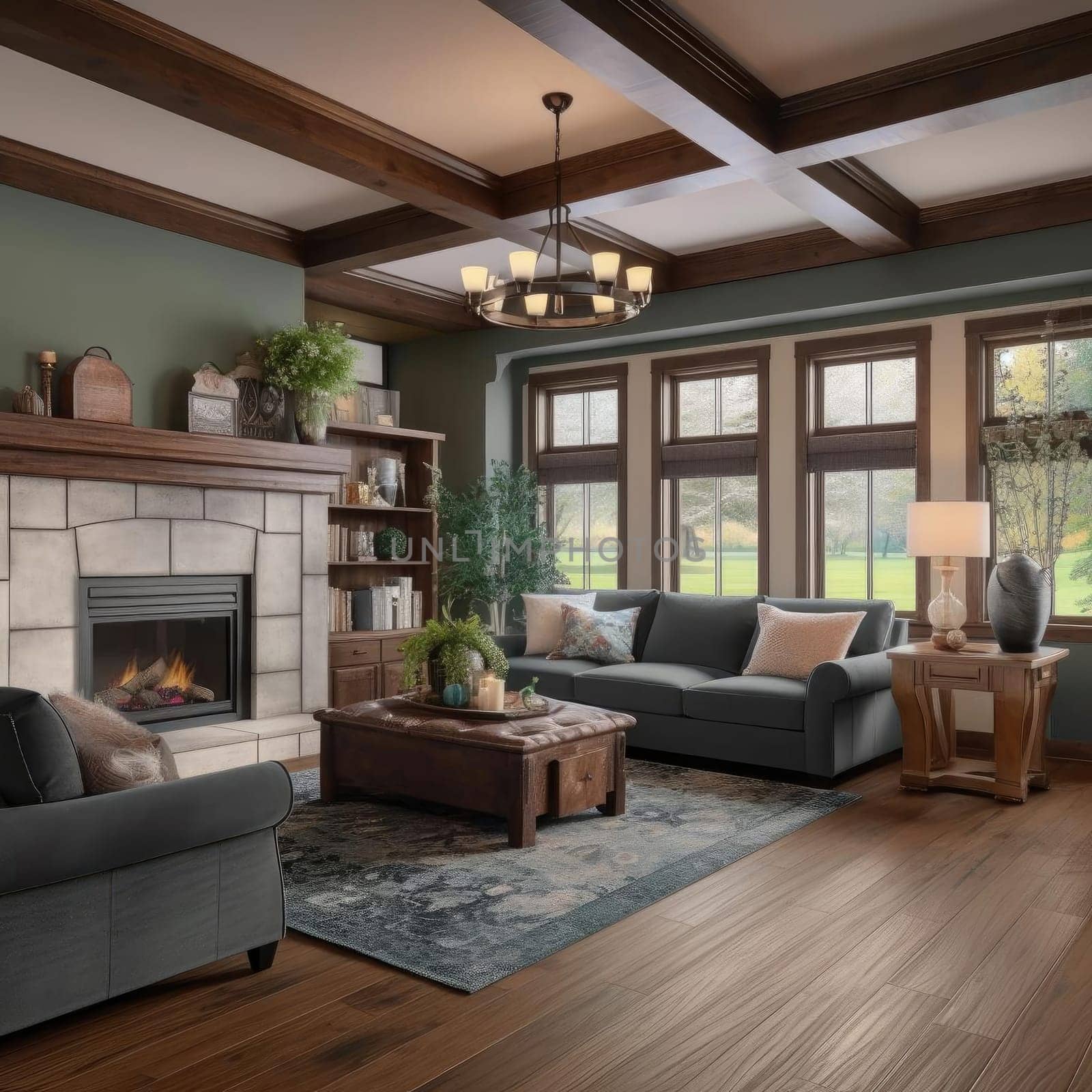 Interior of modern living room with fireplace and wooden floor