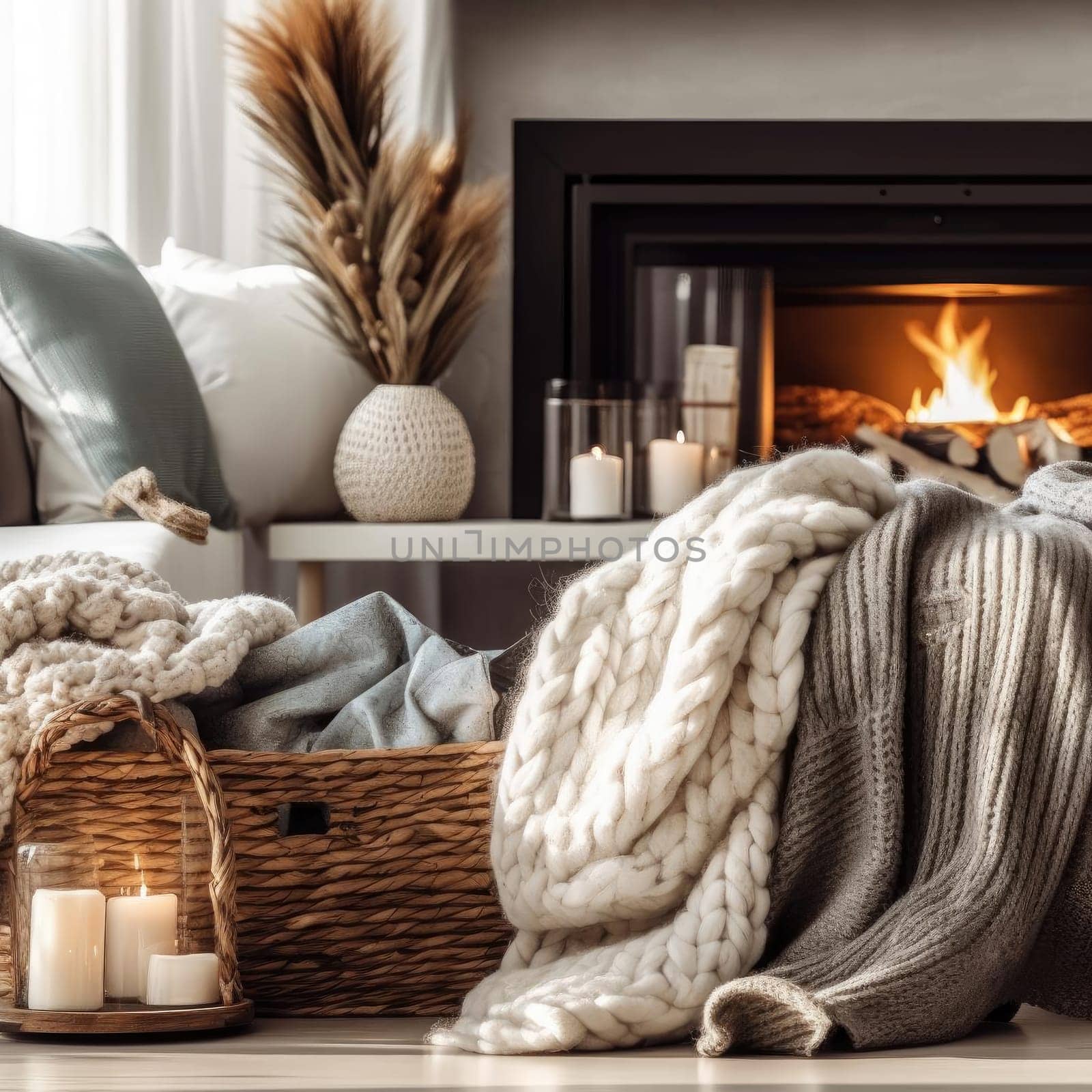 Cozy living room with fireplace, candles, and knitted sweaters