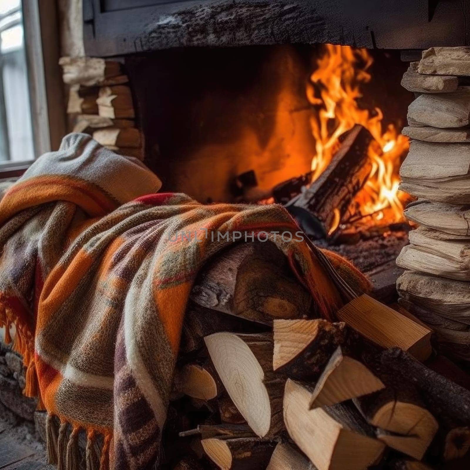 Fireplace with burning firewood and woolen scarf in country house