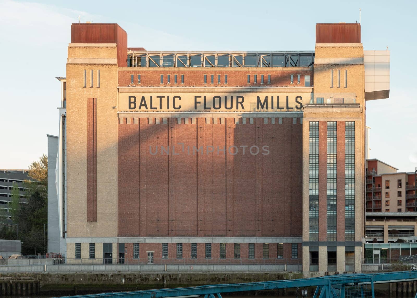 Newcastle, UK - Apr 13, 2025 - Stunning view of Baltic Flour Mills is Centre for Contemporary Art with sky background before sunset at Gateshead Quayside by the River Tyne. converted from a former flour mill in Newcastle upon tyne, use it as your Wallpaper, Poster and Copy space, Selective focus.