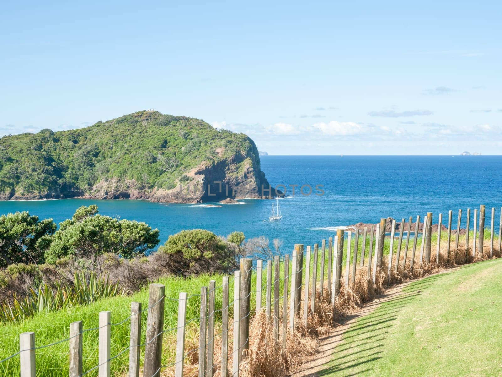 Farmland and off-shore islands of Northland ocean view New Zealand.