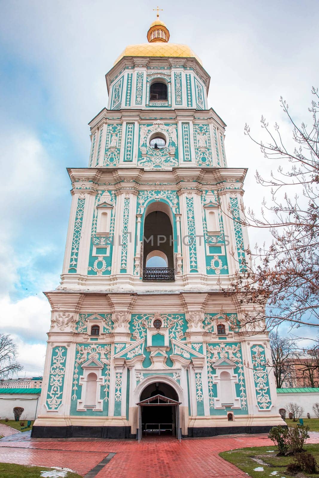 Beautiful bell tower of Saint Sophia's Cathedral in Kyiv, Ukraine. Orthodox church architecture