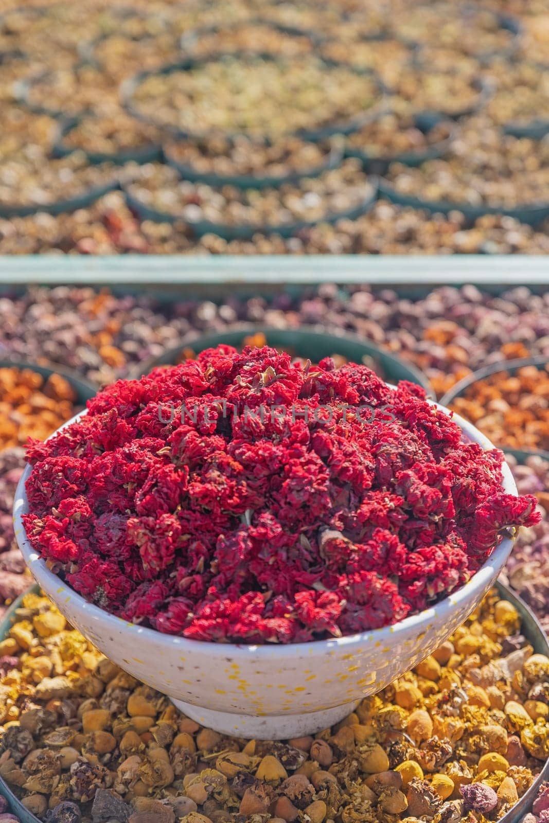 High angel view of bowl full of red dried flowers in a market in Marrakech. Morocco. Vertically. 