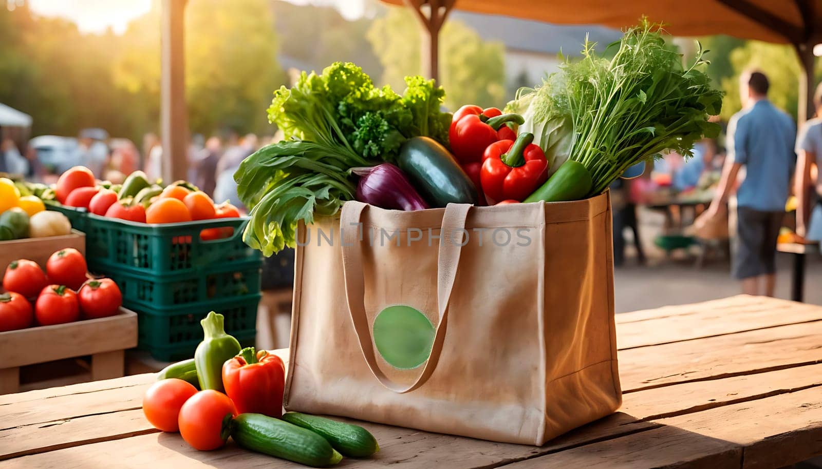 Reusable cloth bag with space for text. Promotion of natural and healthy products. Conscious consumption. Eco-friendly concept. Products from the garden to the market. Regional markets