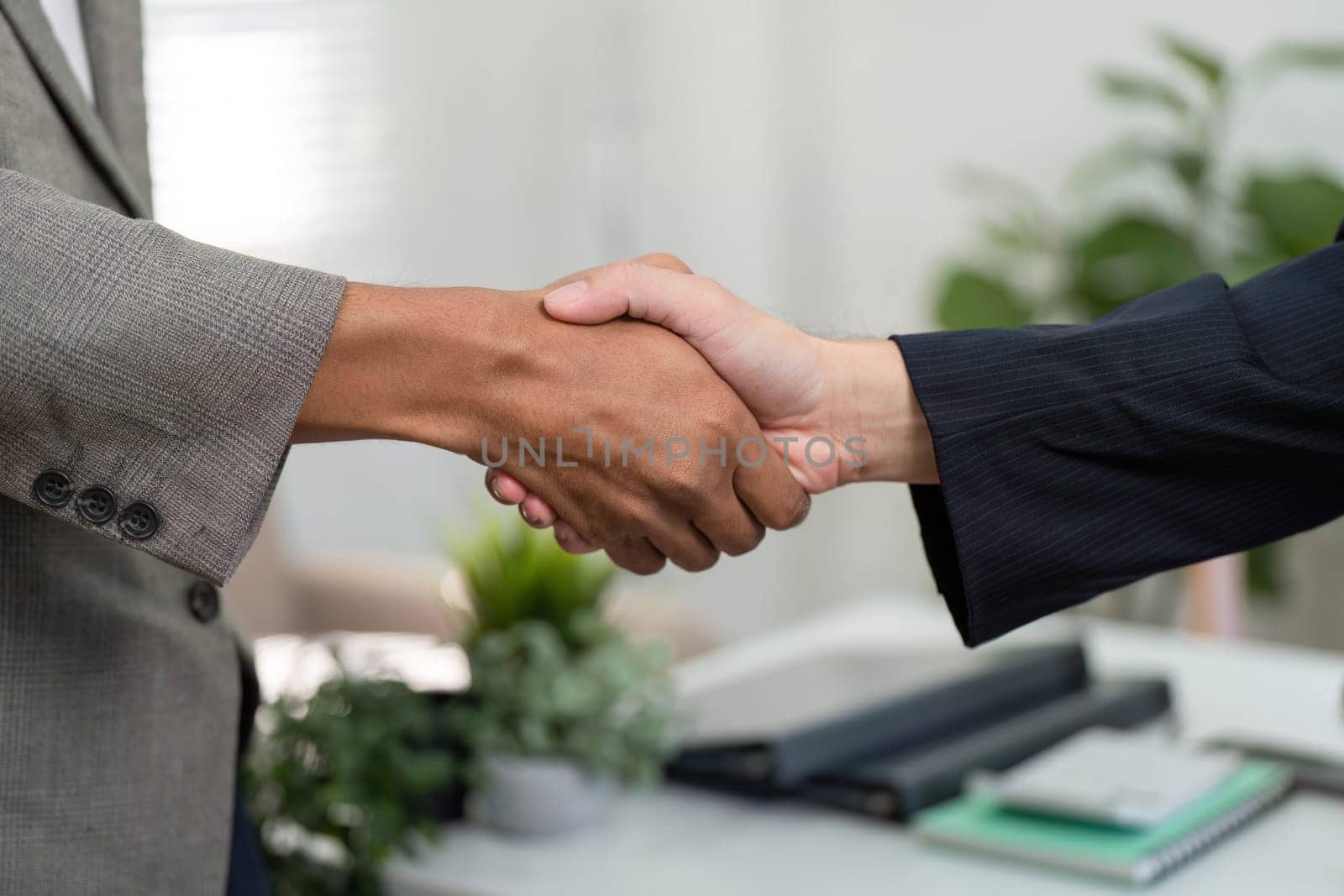 A close-up of two hands engaged in a handshake, representing a formal agreement and mutual respect in a business context.