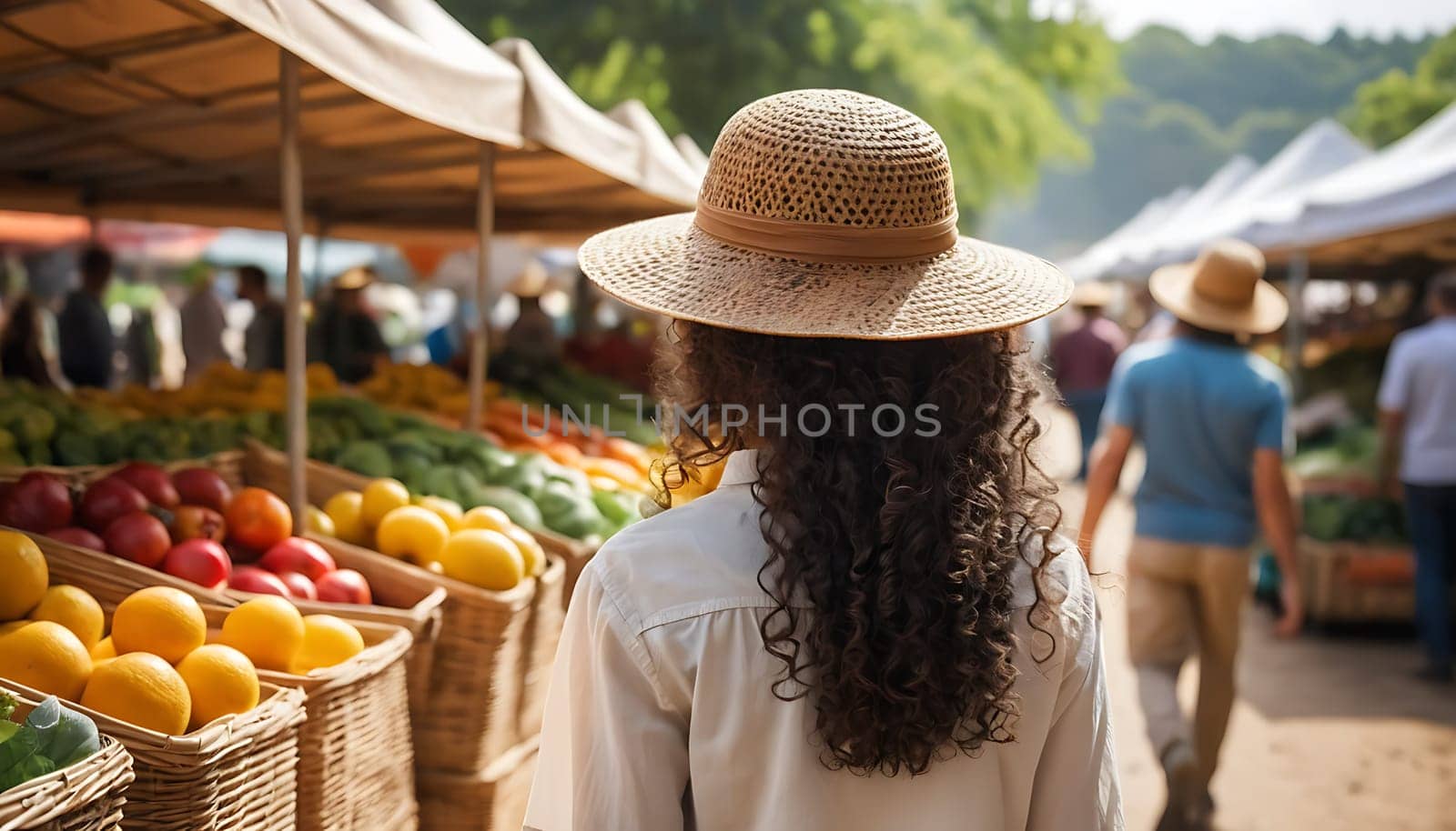 Young woman walking through the local market .Traditional markets with natural and healthy products. Sustainable lifestyle. Horizonfal wide picture .Copy sapce. Eco-friendly concept.