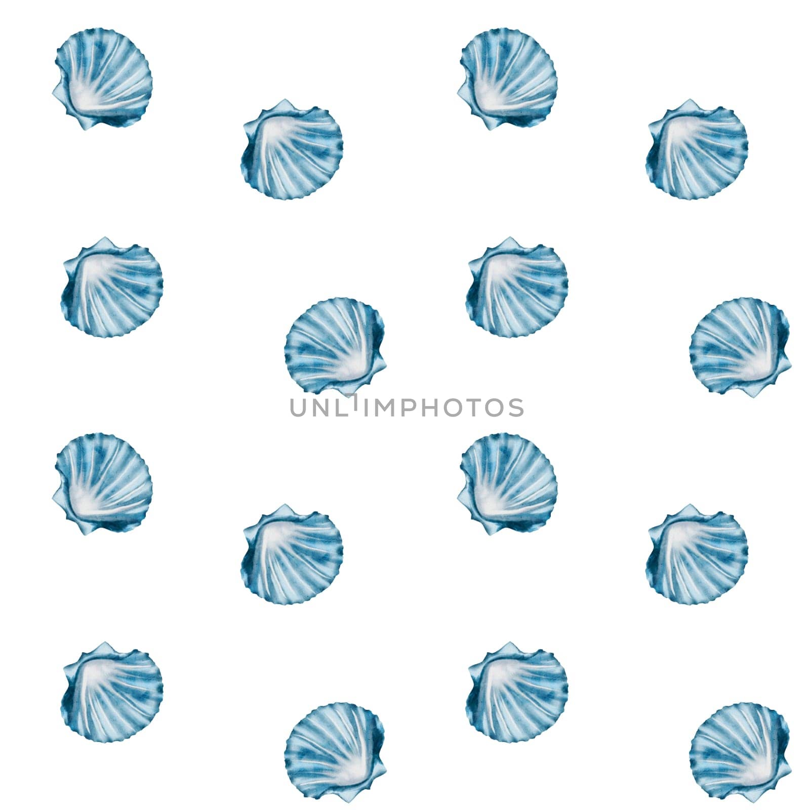 Shell pattern watercolor. Hand drawn illustration of a clam on an isolated background. Drawing of sea blue ocean shell. Marine and ocean fauna. Underwater life. High quality photo