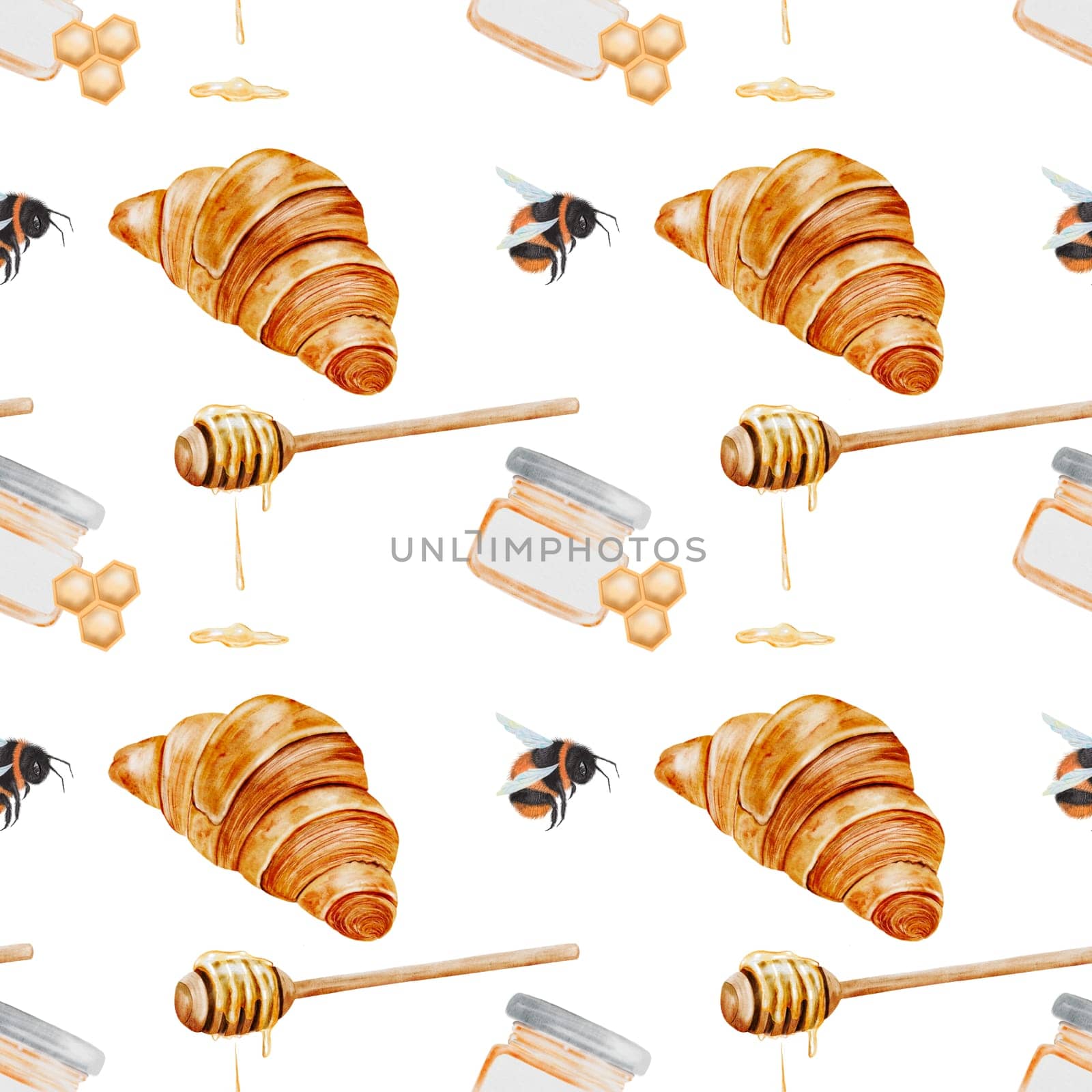 Pattern honey and bees watercolor. Hand drawn seamless pattern. Clip art food. Ideal drawing for organic store packaging and kitchen textiles. High quality illustration