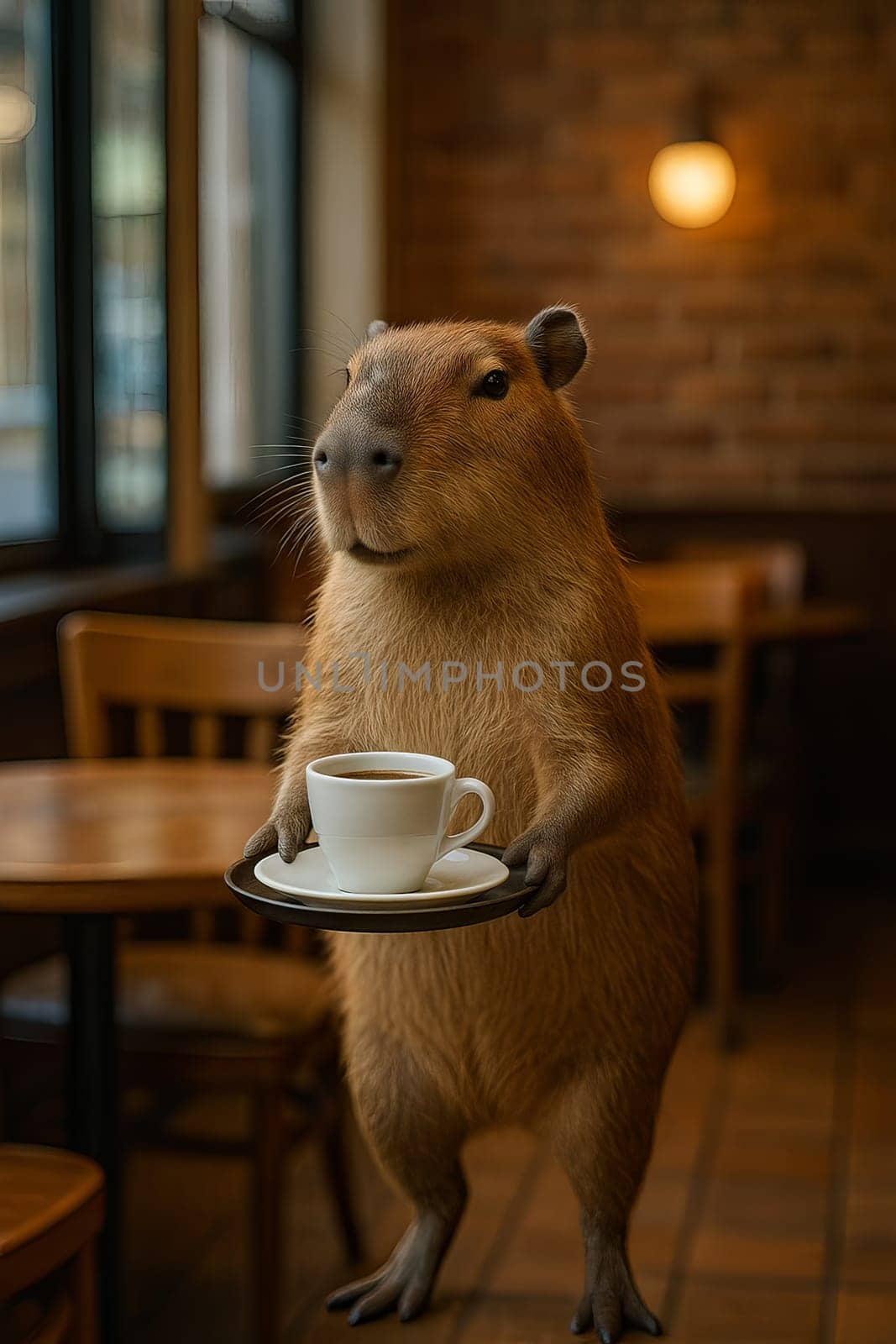 Meet adorable capybara barista, elegantly balancing a tray with a steaming cup of coffee
