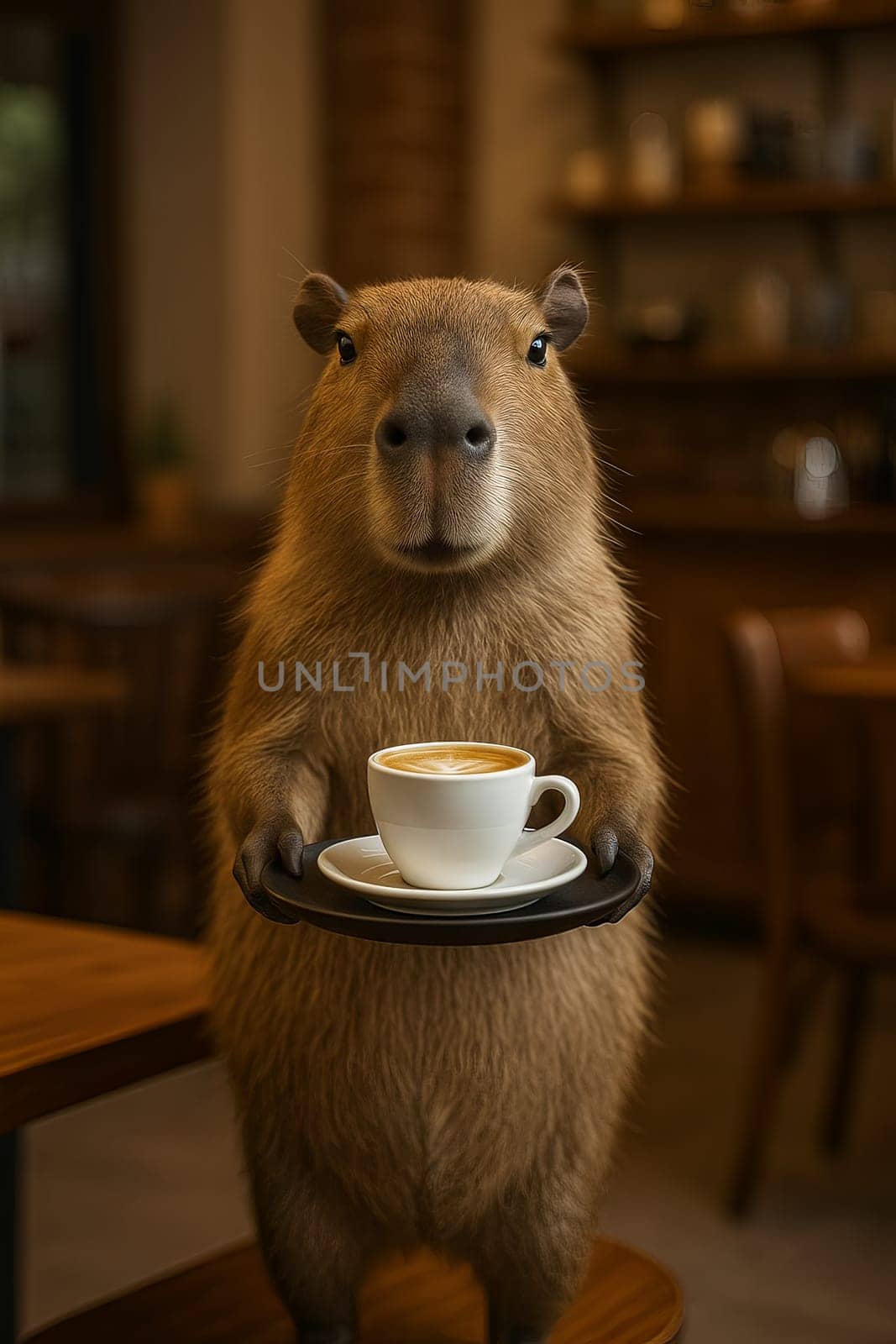 Meet adorable capybara barista, elegantly balancing a tray with a steaming cup of coffee