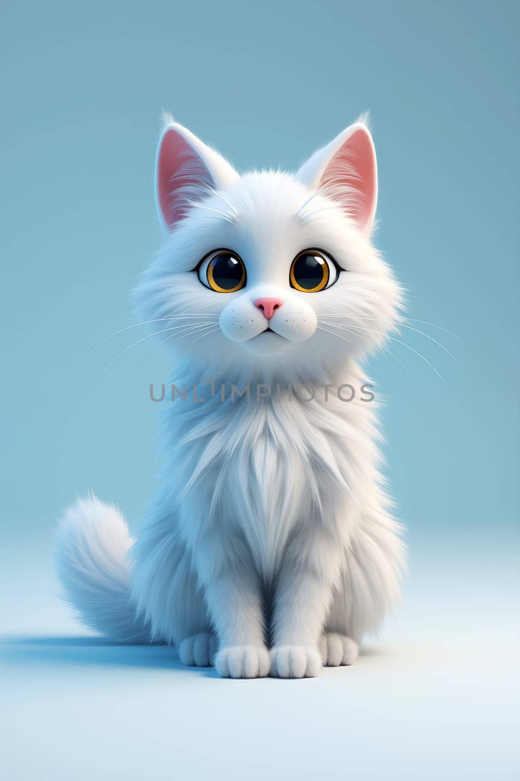 A fluffy cartoon white cat with large expressive eyes sits calmly against a solid blue background, showcasing its soft fur and adorable features. Generative AI.