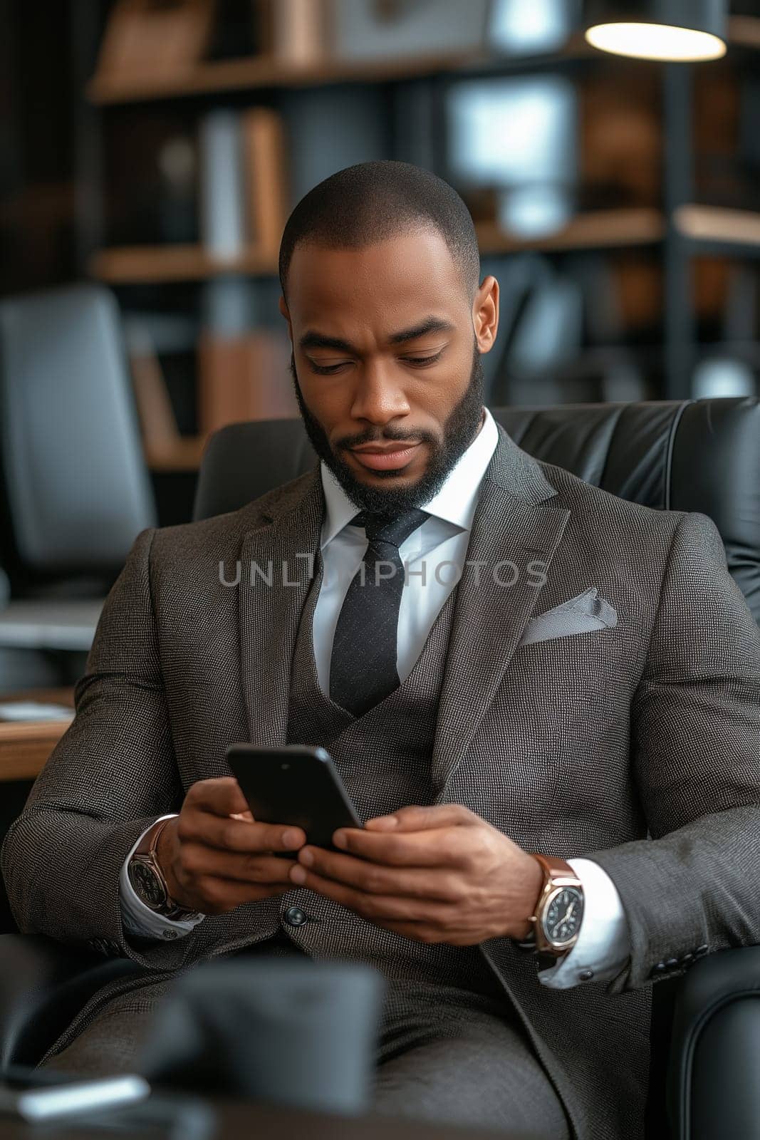 A man in a tailored suit is seated in a stylish office, focused on his smartphone. The space features contemporary decor and a warm atmosphere, suggesting a productive afternoon work environment.