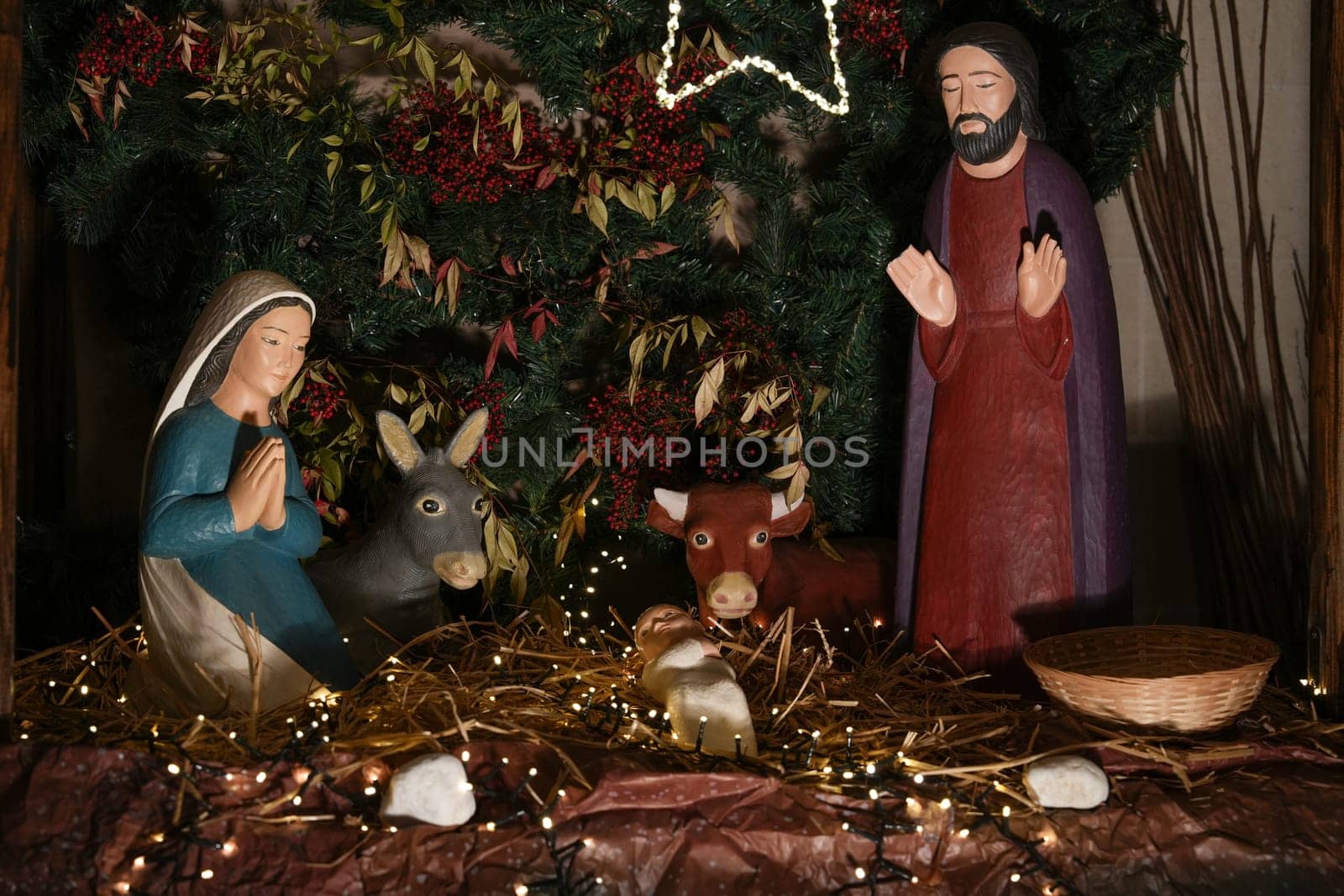 Christmas creche with Joseph Mary and small Jesus