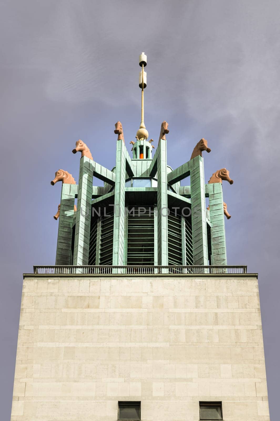 Newcastle, UK - Apr 14, 2025 - Stunning exterior view of The carillon or Bell tower with 12 large and 8 small seahorses at The Newcastle Civic Centre of Newcastle Upon Tyne. use it as your Wallpaper, Poster and Space for text, Selective focus.