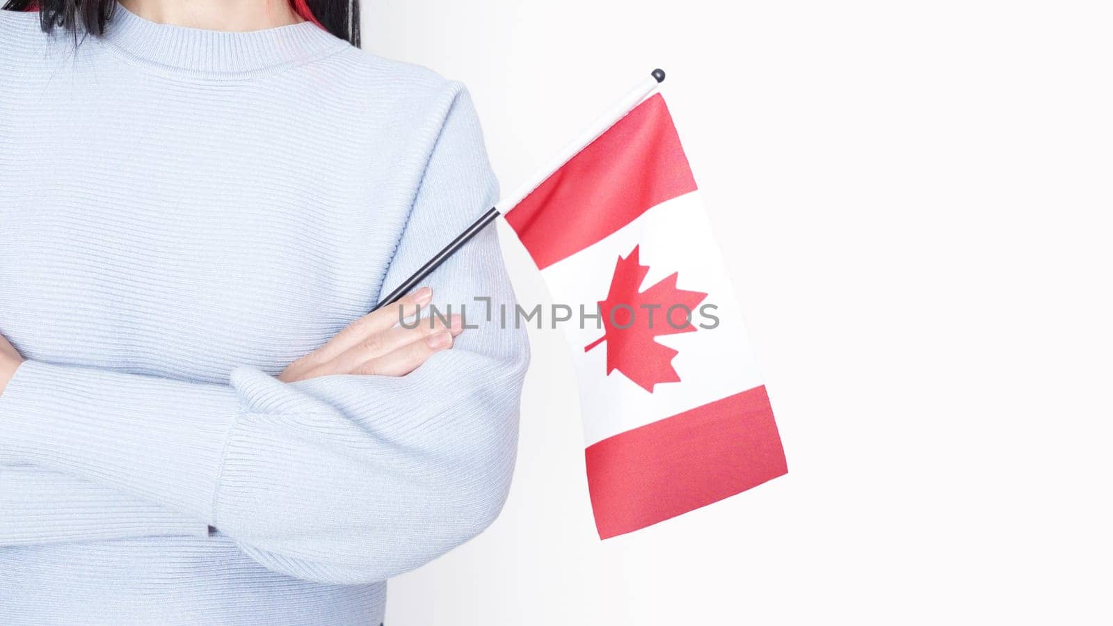 Unrecognized girl student in blue shirt holding small Canadian flag over gray background, Canada day, holiday, vote, immigration, tax, copy space.