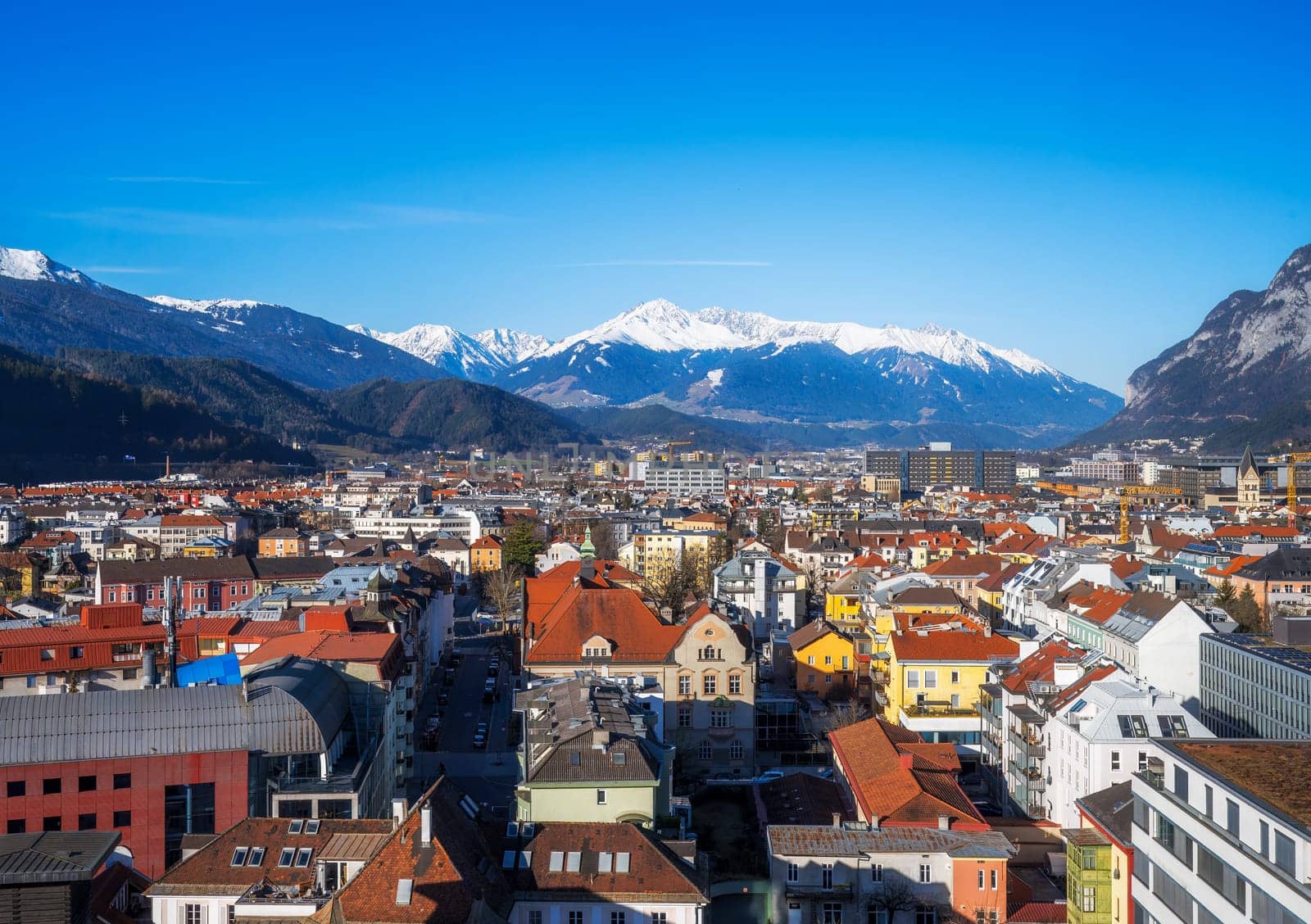 Aerial view of the city Innsbruck and the alps