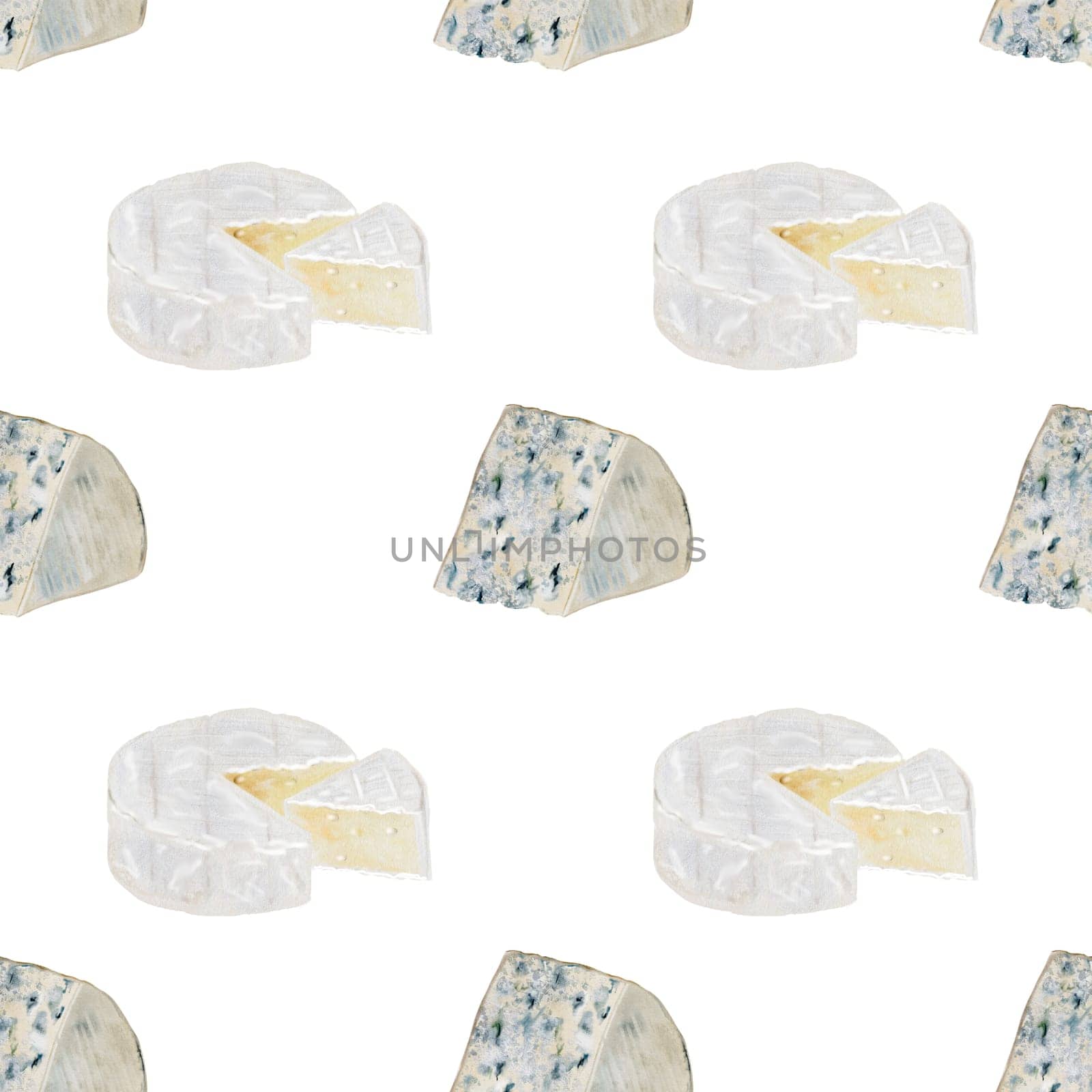Cheese watercolor pattern. Hand drawn illustration brie, camembert, dor blue. Clip art of food on white background. Ideal for packaging of farm organic product or restaurant menu design. High quality illustration