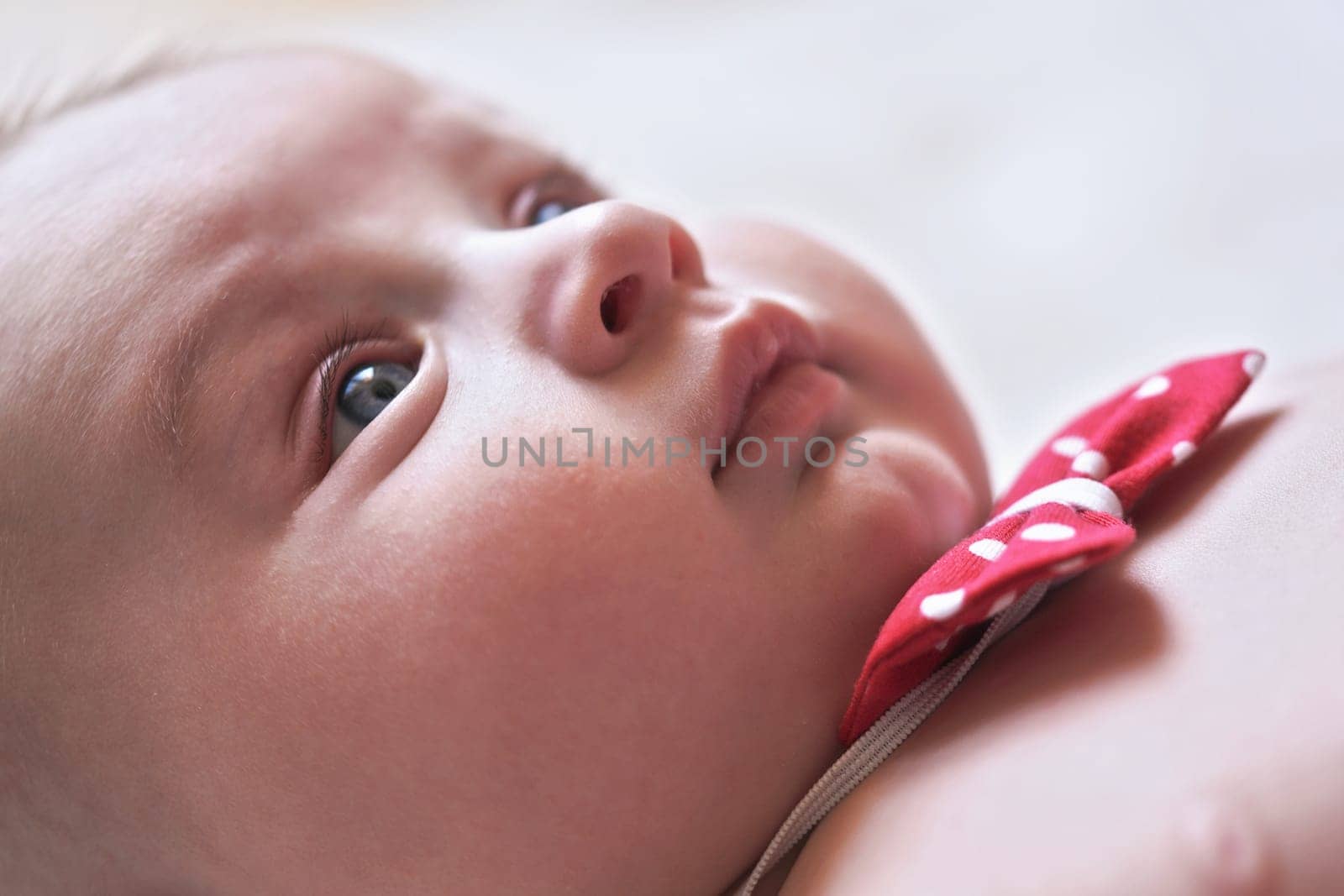 Infant baby boy, red bow tie with blue dots, closeup detail on face with bright blue eyes