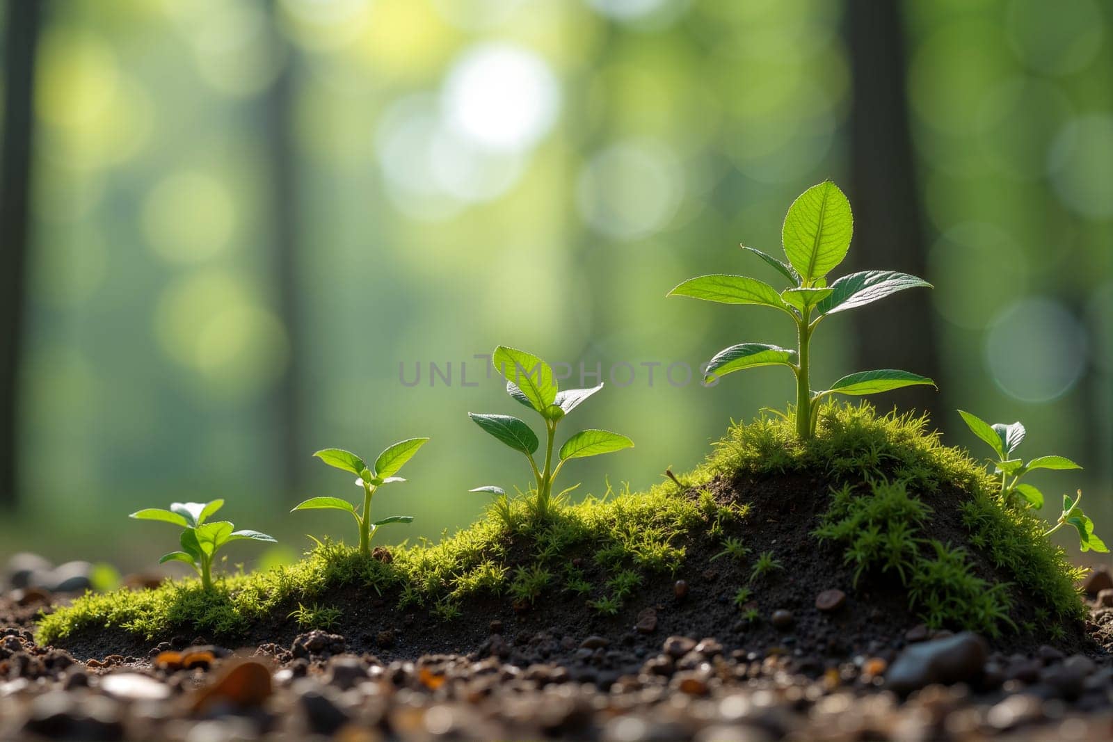 New seedlings grow from moist soil covered in moss, surrounded by soft sunlight filtering through trees in a tranquil forest setting - Growth and success concept - Generative AI.