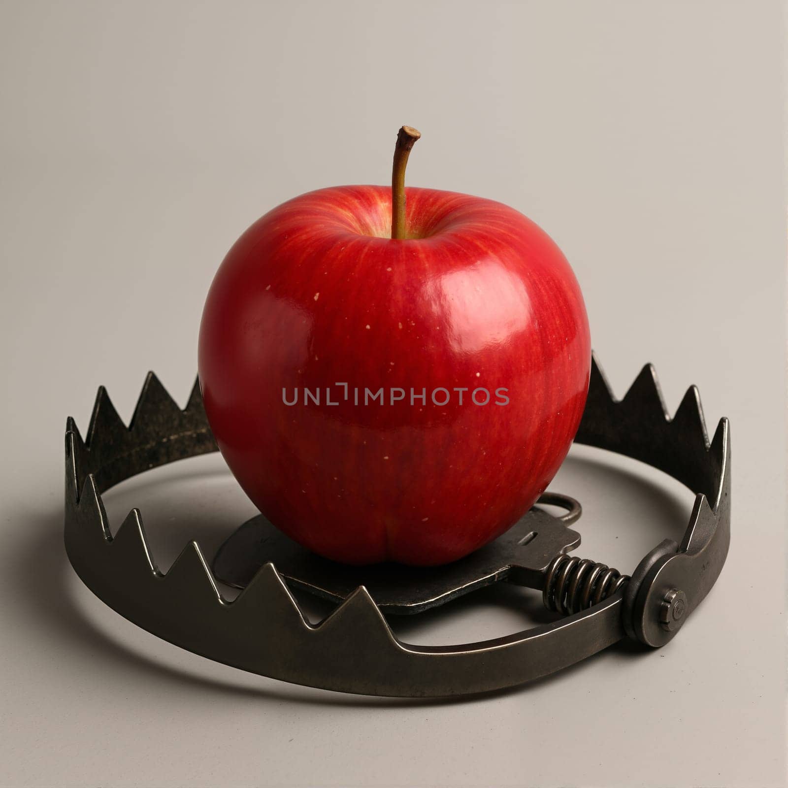 Red apple caught in bear trap symbolizes temptation and danger. AI generation.