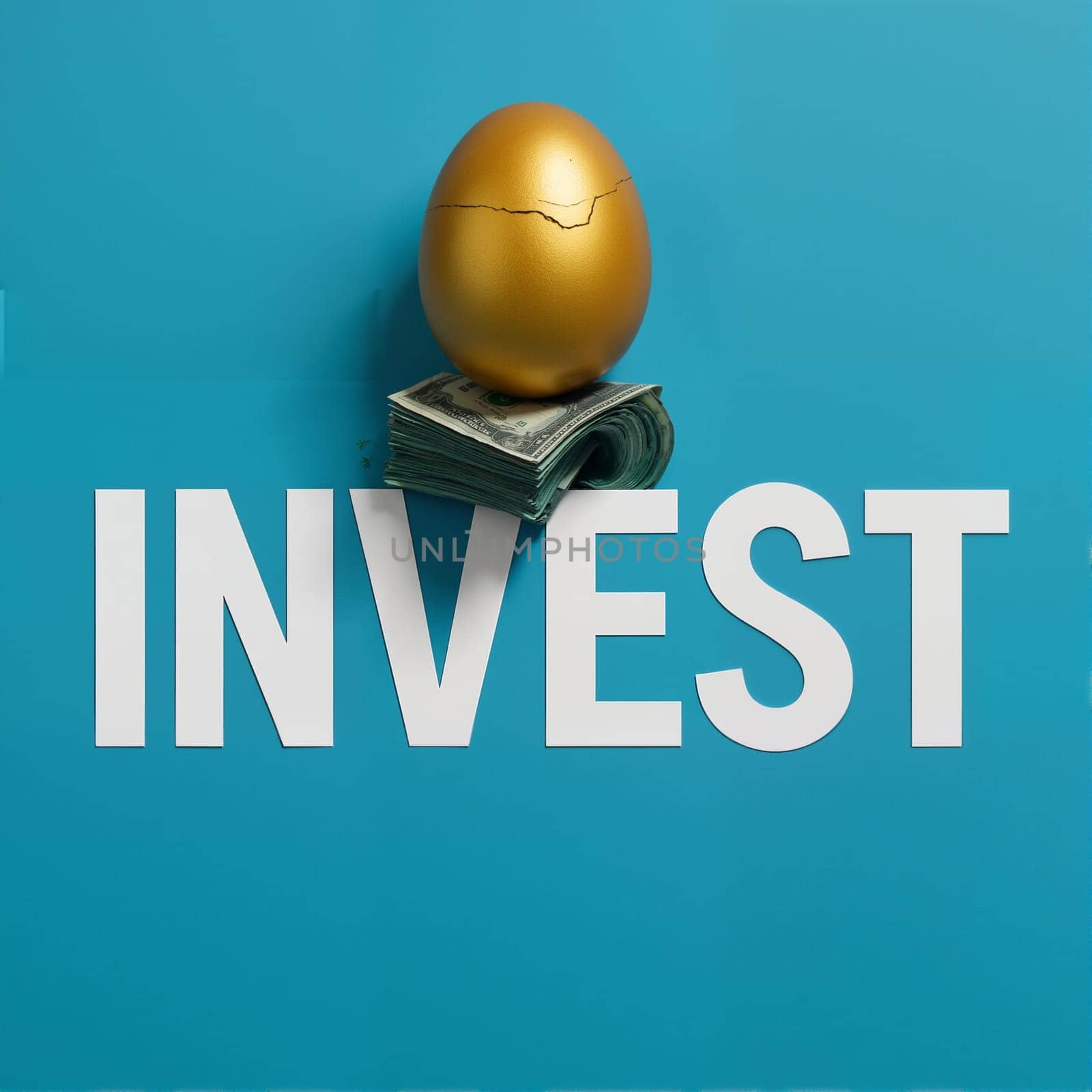 Golden egg perched on money pile above INVEST text backdrop. AI generation.