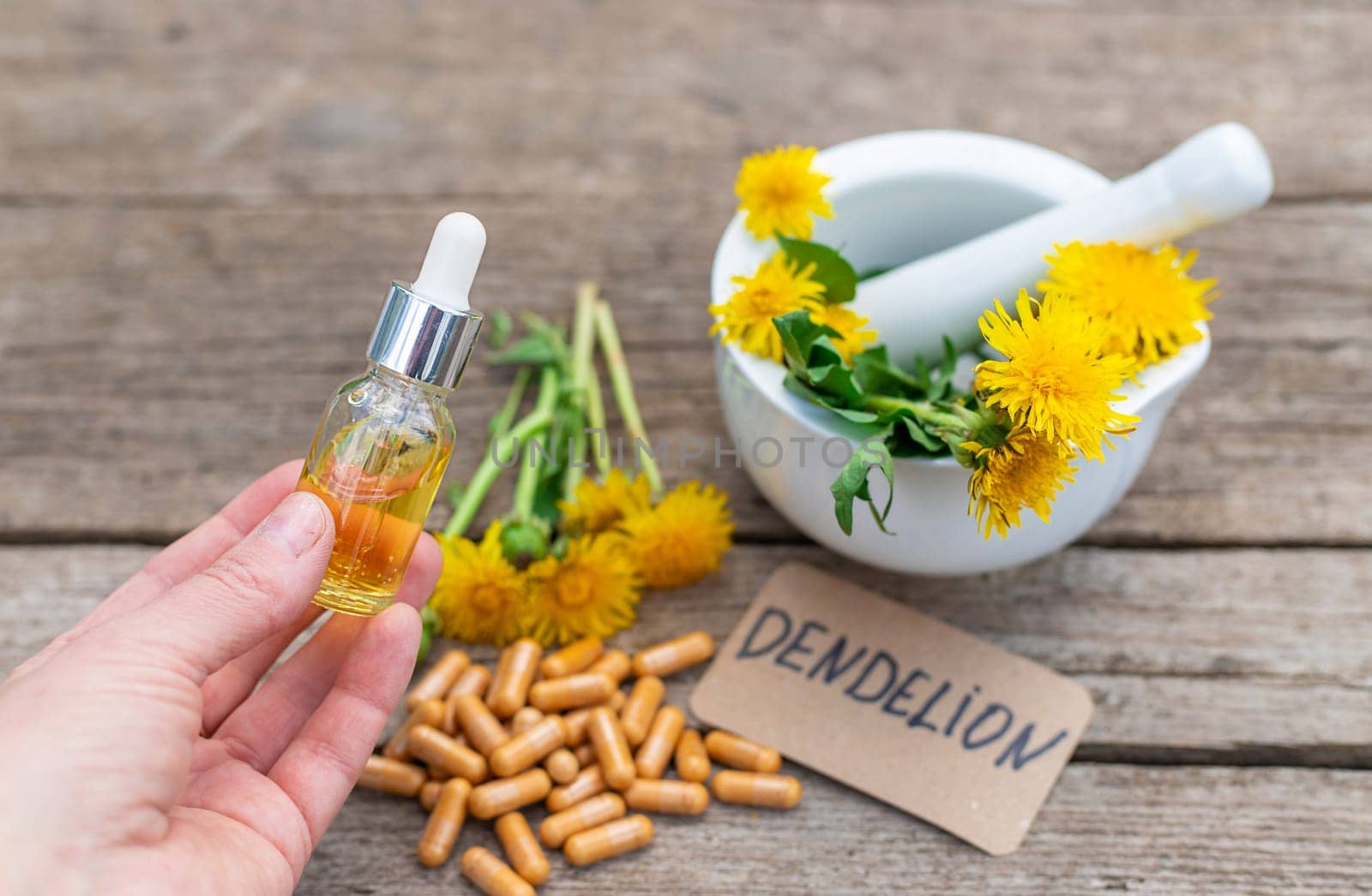 Dandelion extract and homeopathic supplements. Selective focus. nature.