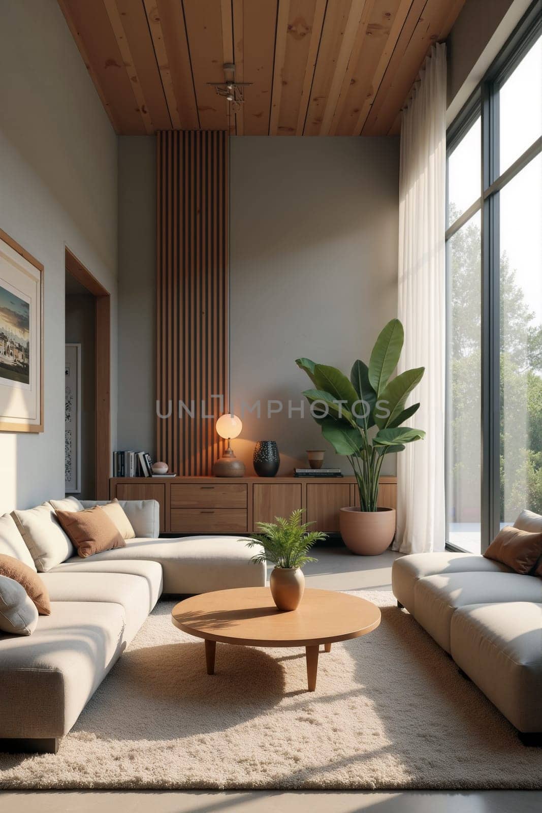 Spacious living room featuring large windows, minimalist furniture, and warm wood accents creates a welcoming atmosphere in a bright environment. Generative AI.