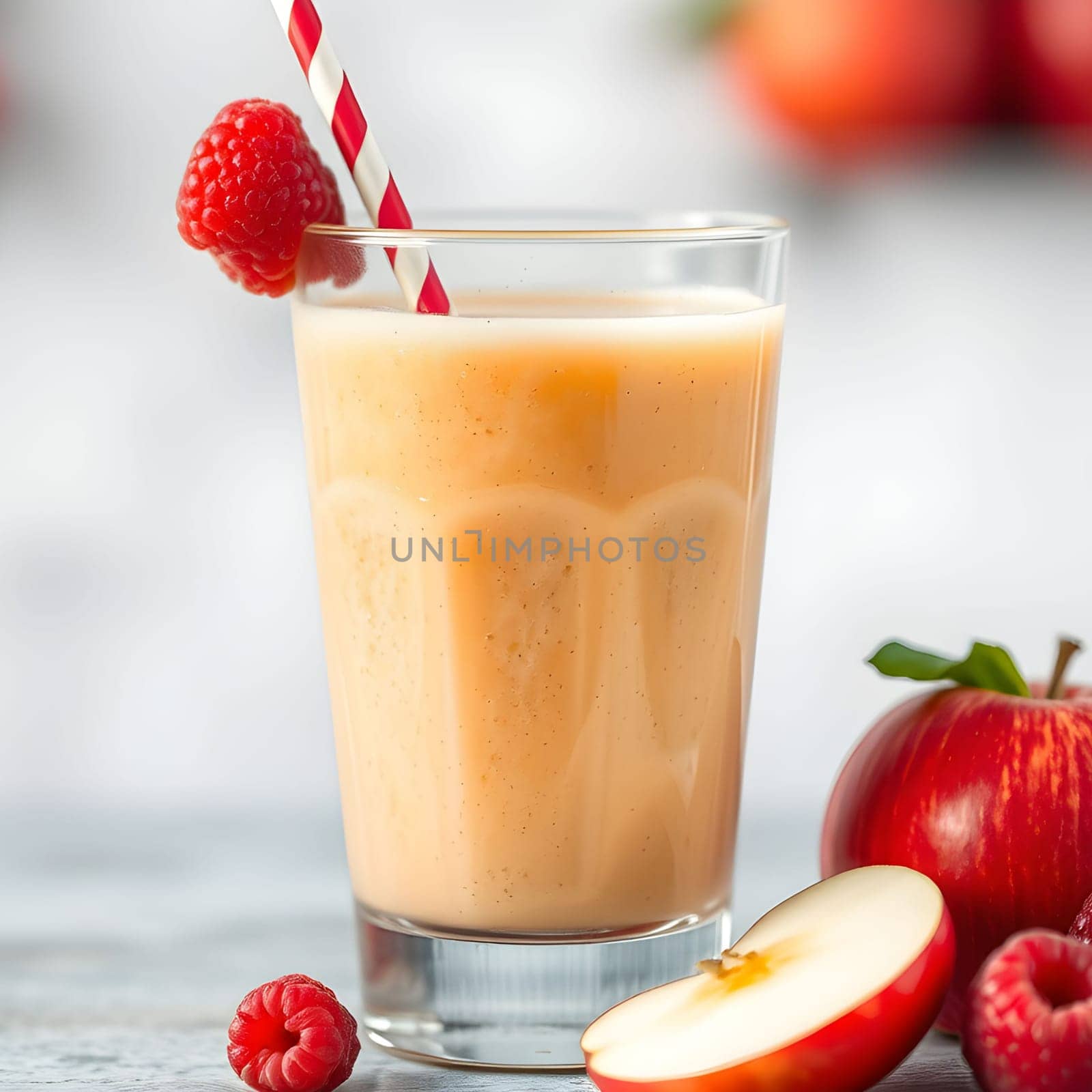 fruit cocktail in glass cup apples raspberries drink summer health breakfast nutrition food diet vitamins generated ai alt rendering 3D render illustration . High quality 3d illustration