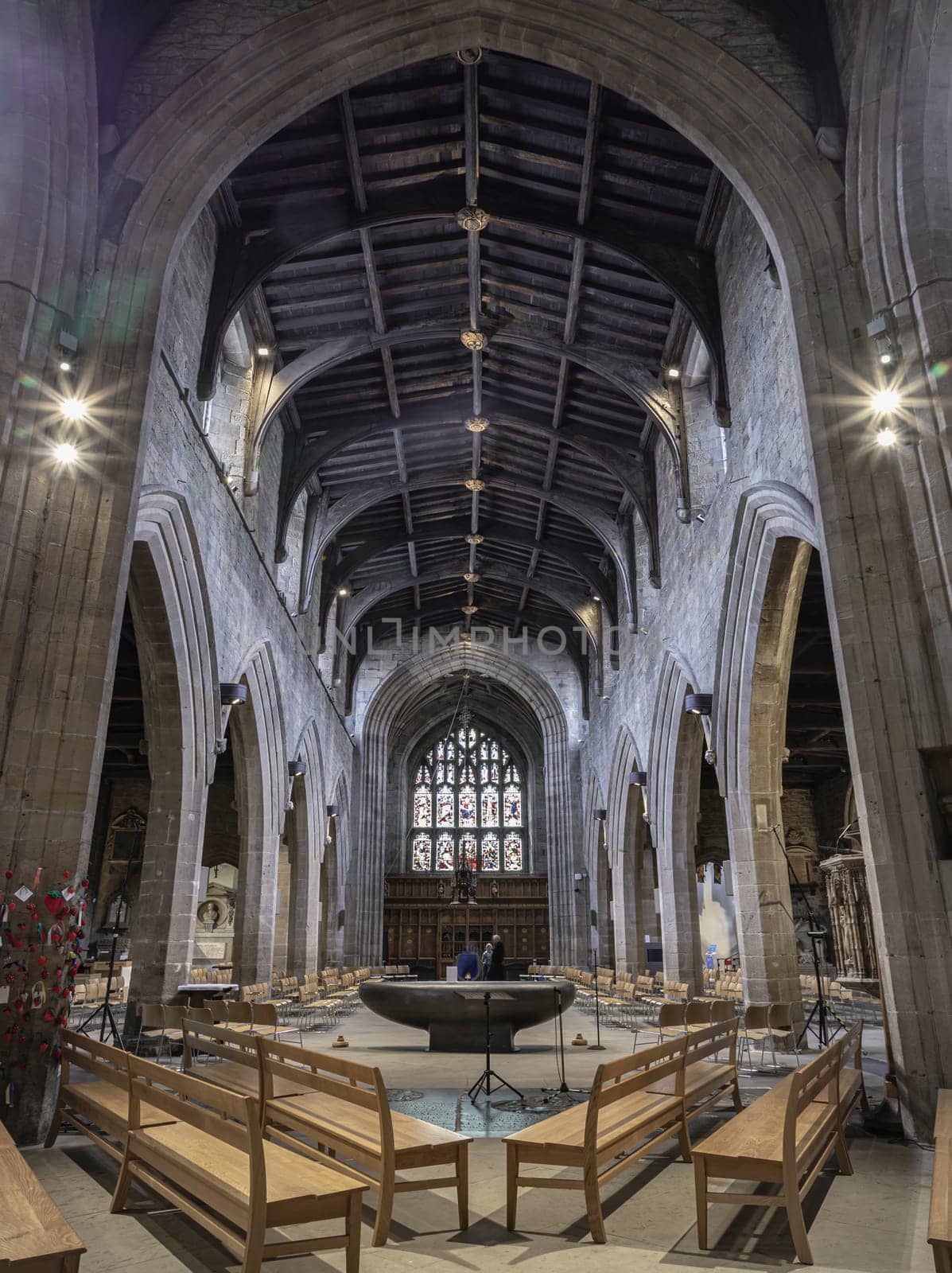 Newcastle, UK - Apr 12, 2025 - Architecture interior view of Newcastle Cathedral (Cathedral Church of St Nicholas). use it as your Wallpaper, Poster and Space for text, Selective focus.