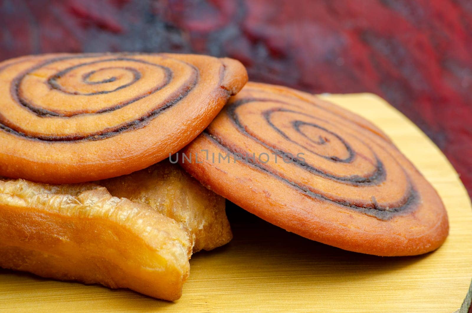 Close up of North Borneo home made traditional Han Chin Piang and Cakoi cake. Asian food concept.
