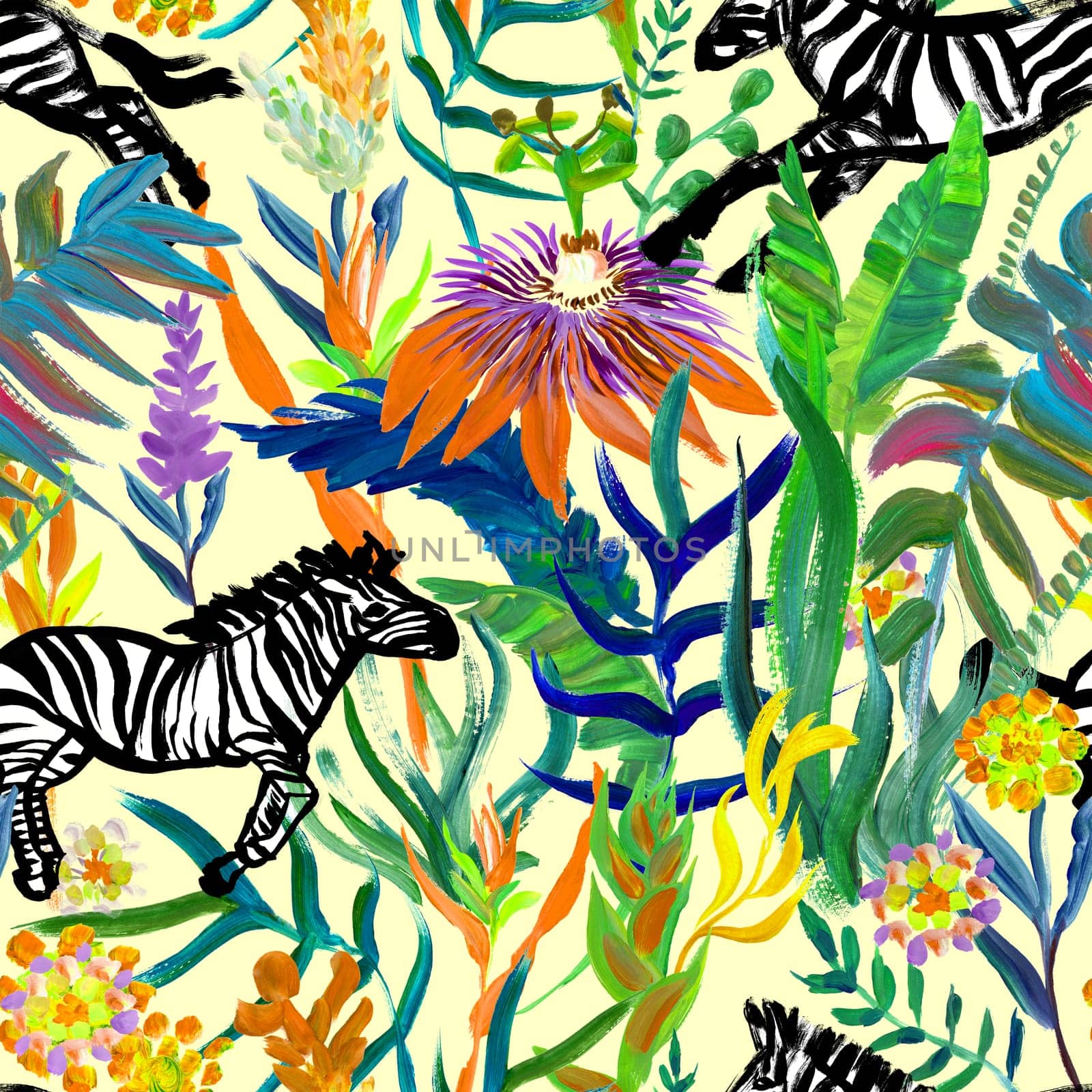 Seamless pattern with running zebras and bright tropical flowers drawn in a painterly style for summer textiles and design