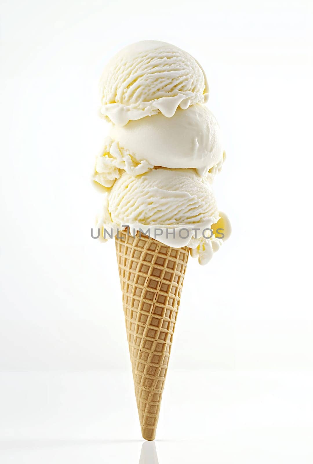 A waffle cone holds three generous scoops of smooth vanilla ice cream, showcasing a clean and minimalistic aesthetic against a bright white background. The ice cream appears creamy and inviting.