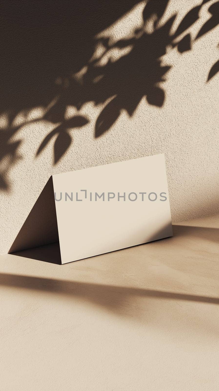 Natural light filters through, casting delicate shadows of leaves on a smooth, neutral-colored surface. A triangular prism object rests against the wall, enhancing the tranquil setting.