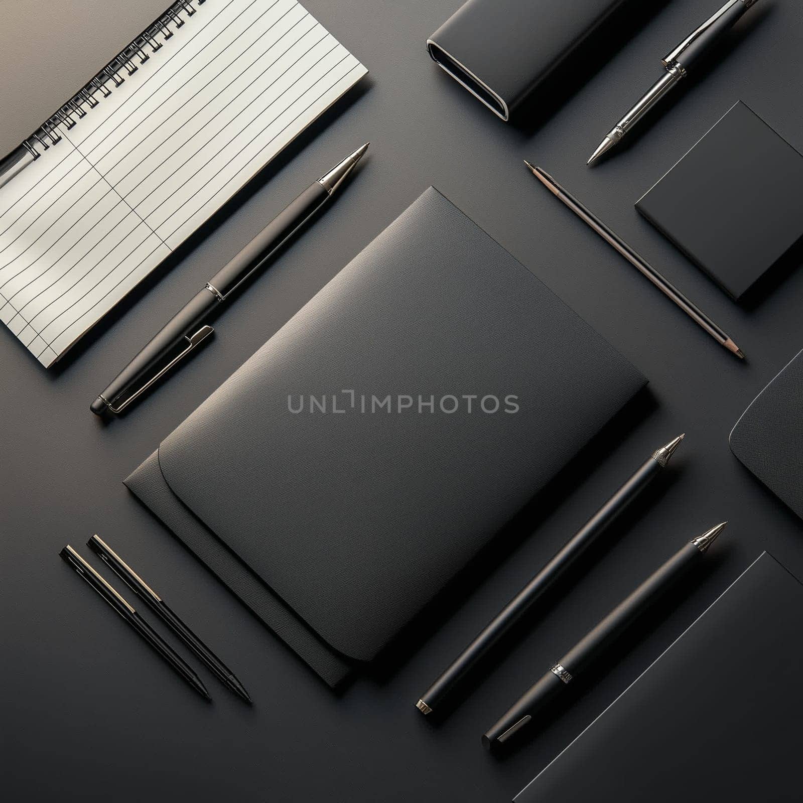 A modern arrangement of black stationery including a notepad, folders, pens, and a pencil case set against a dark surface. Items are organized neatly, showcasing a sleek and professional look.