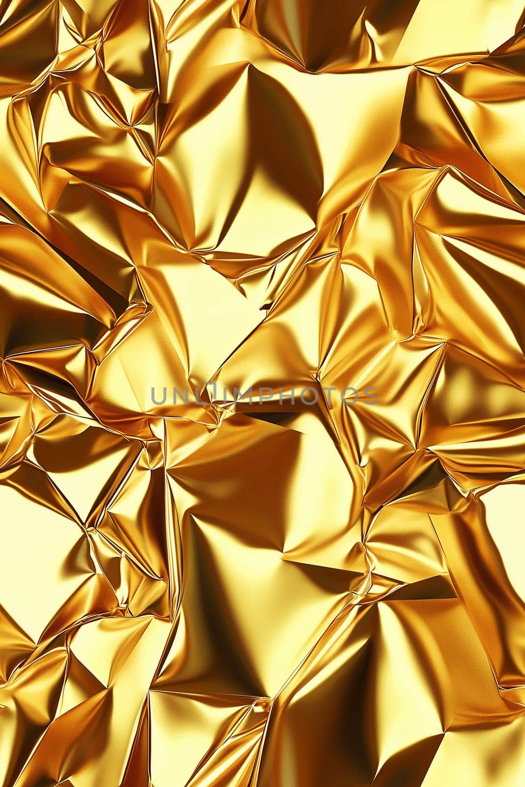 The golden surface showcases a series of textured wrinkles and folds that catch the light, creating an elegant and luxurious appearance suitable for various design applications.