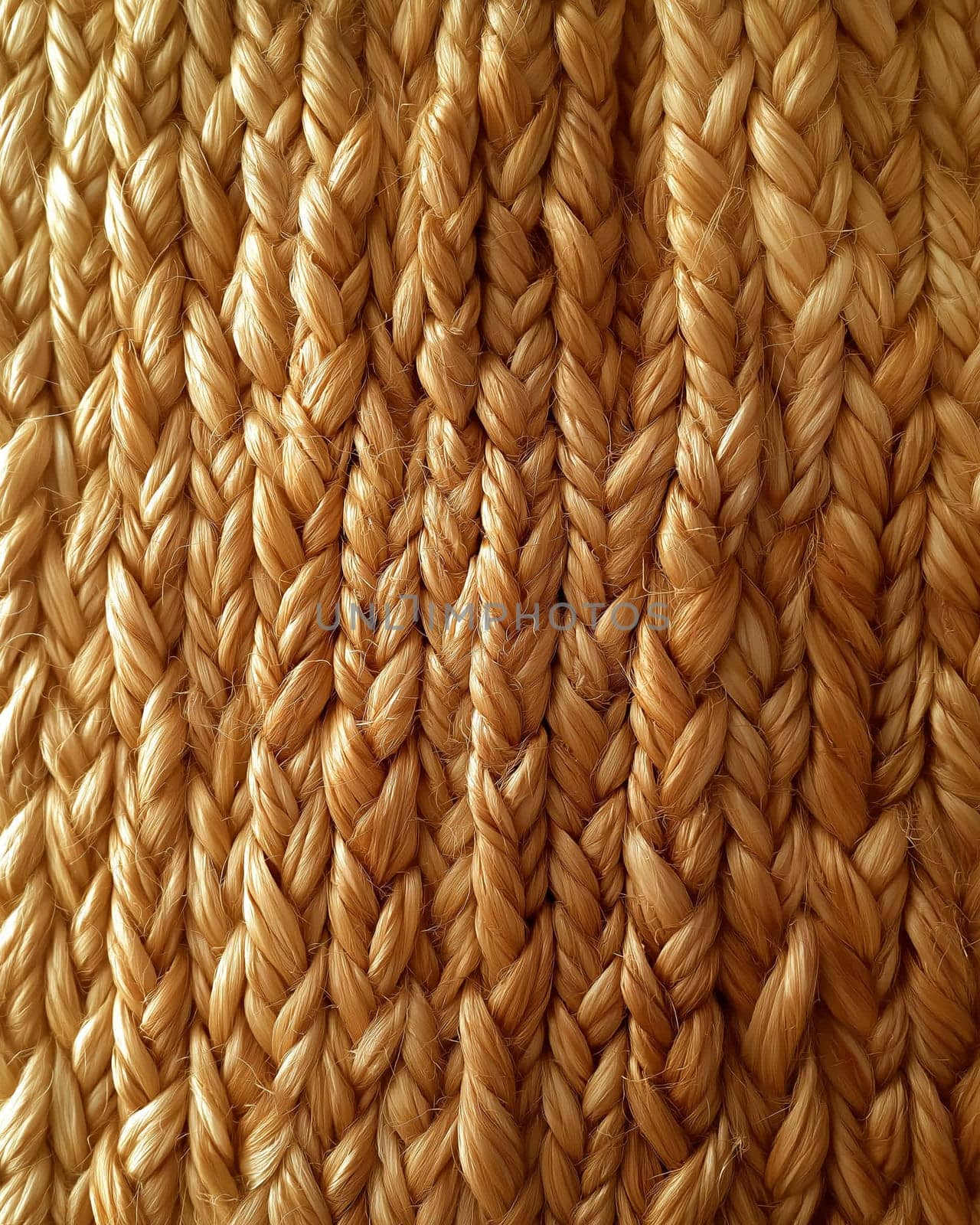 A close-up view showcases an intricate pattern of braided hair in warm golden tones. The subtle play of light reveals the textures and details of each braid, enhancing its beauty.