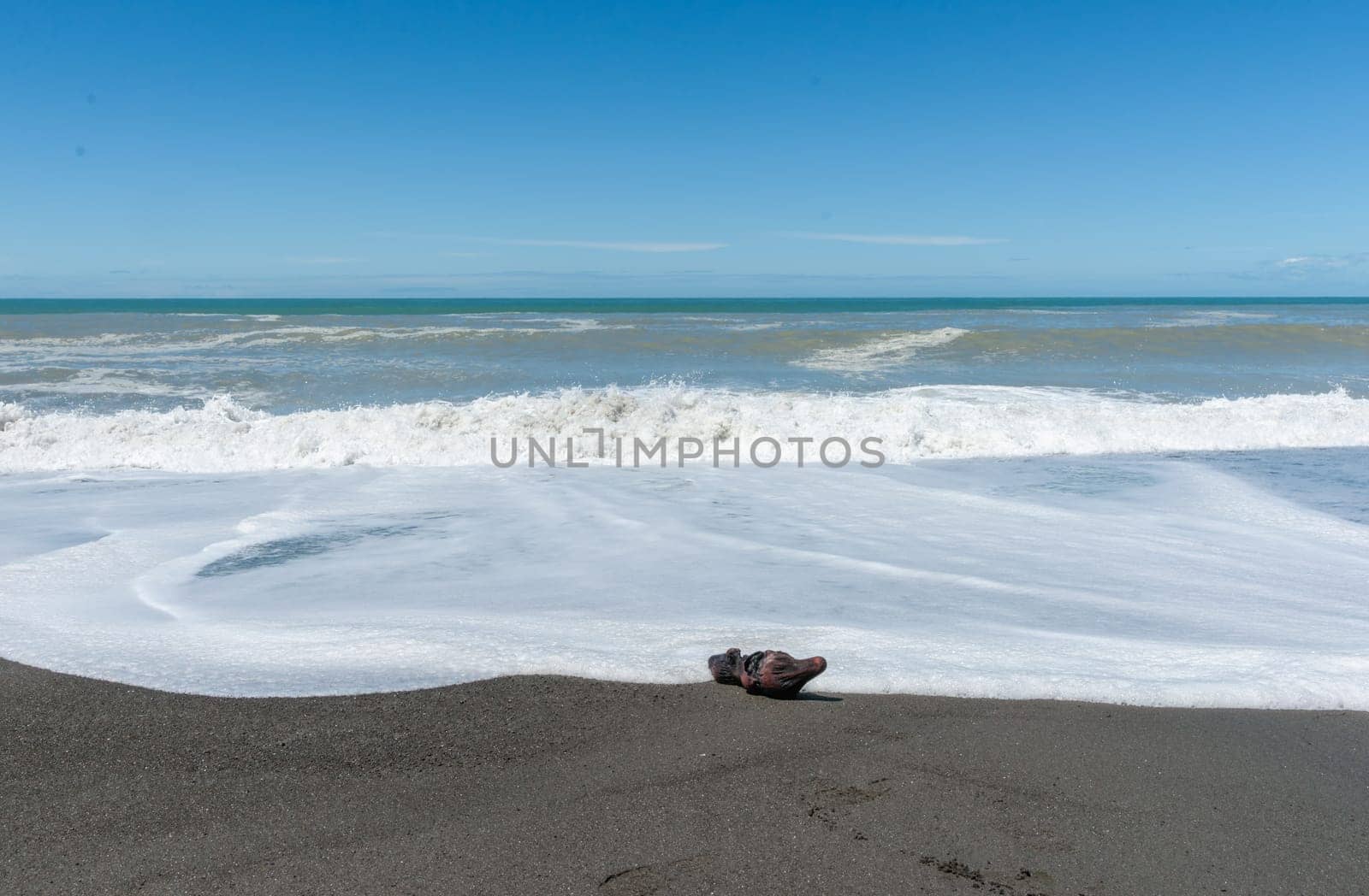 Waves crash onto South Pacific beach lined with cliffs bin New Zealand leading white foam wash as they flow back.
