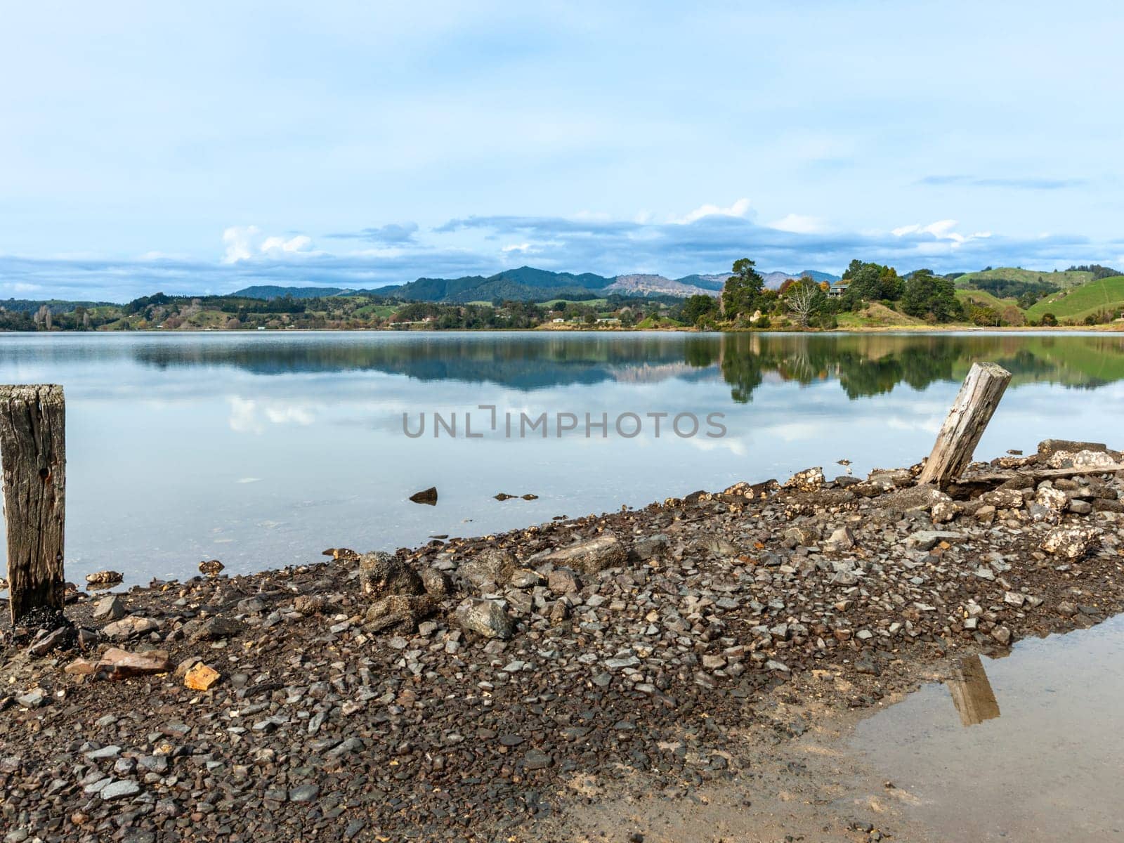 posts and stove breakwater in foreground of Ohiwa harbour scene New Zealand.