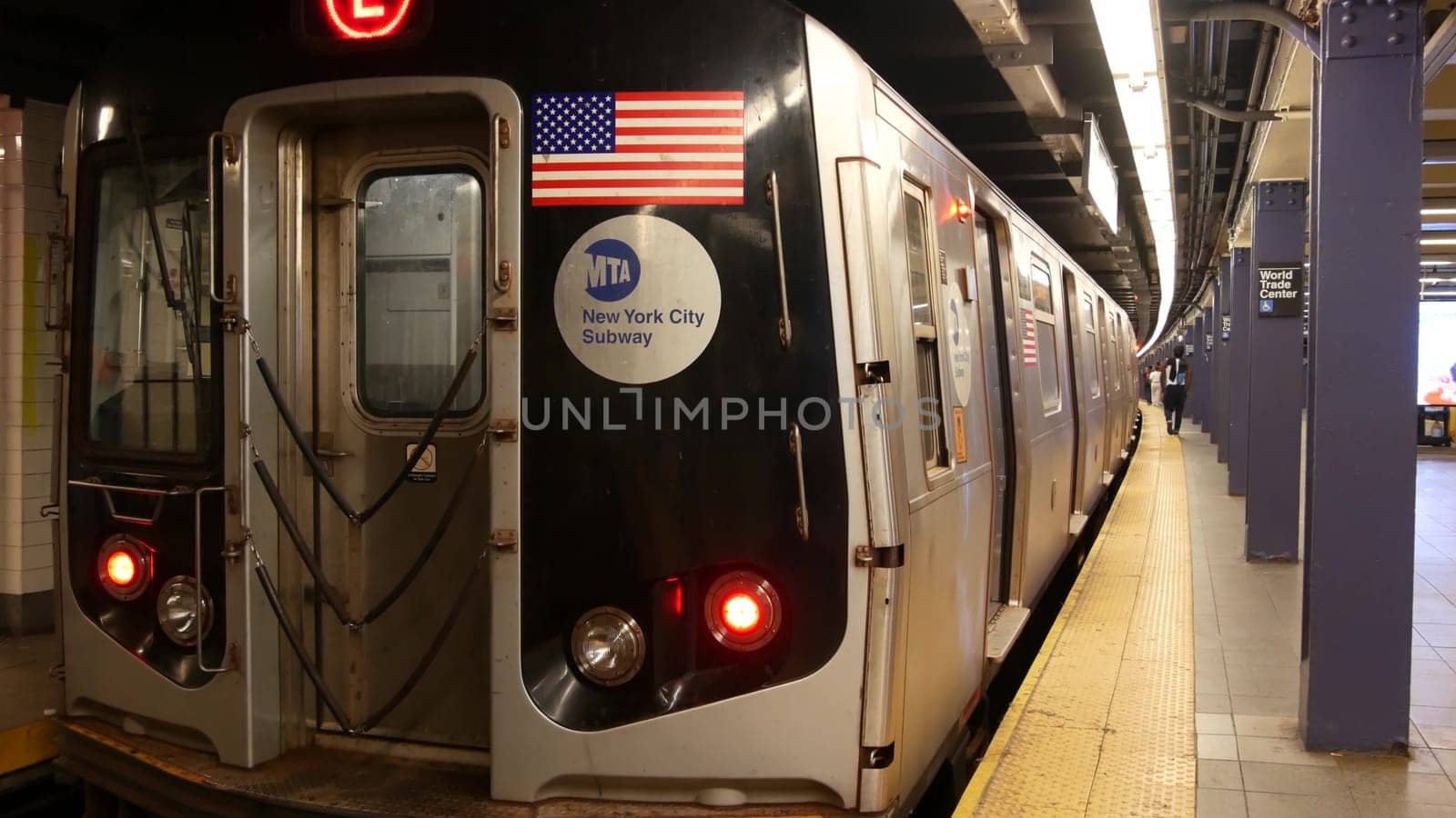 New York, United States - 10 Sept 2023: Subway station, underground metropolitan platform sign. Metro railway passenger public transport. Text signboard World Trade Center. Oculus, Manhattan downtown.